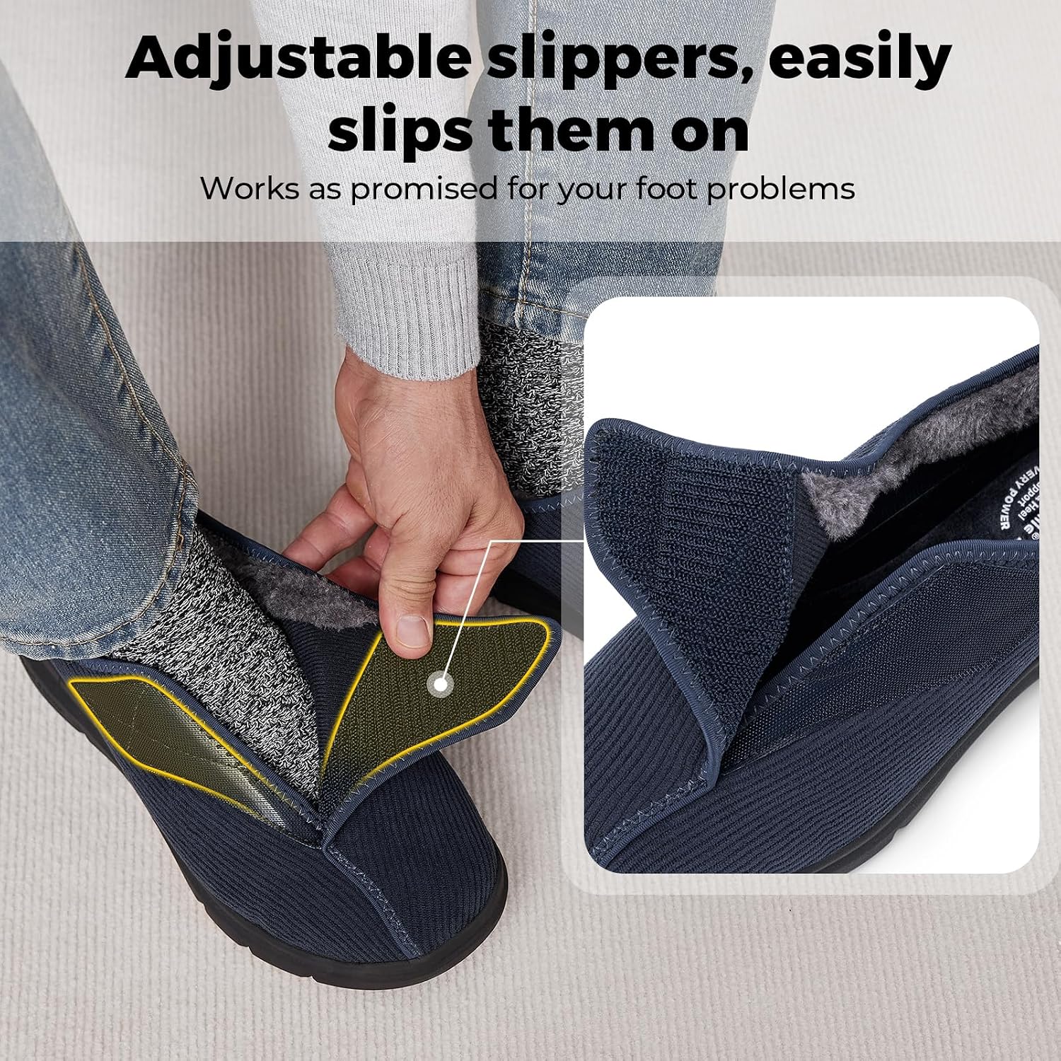 FitVille Wide Winter Slippers for Men Comfortable Slip-on House Shoes Extra Wide Mens Slippers with Adjustable Straps for Swollen Feet