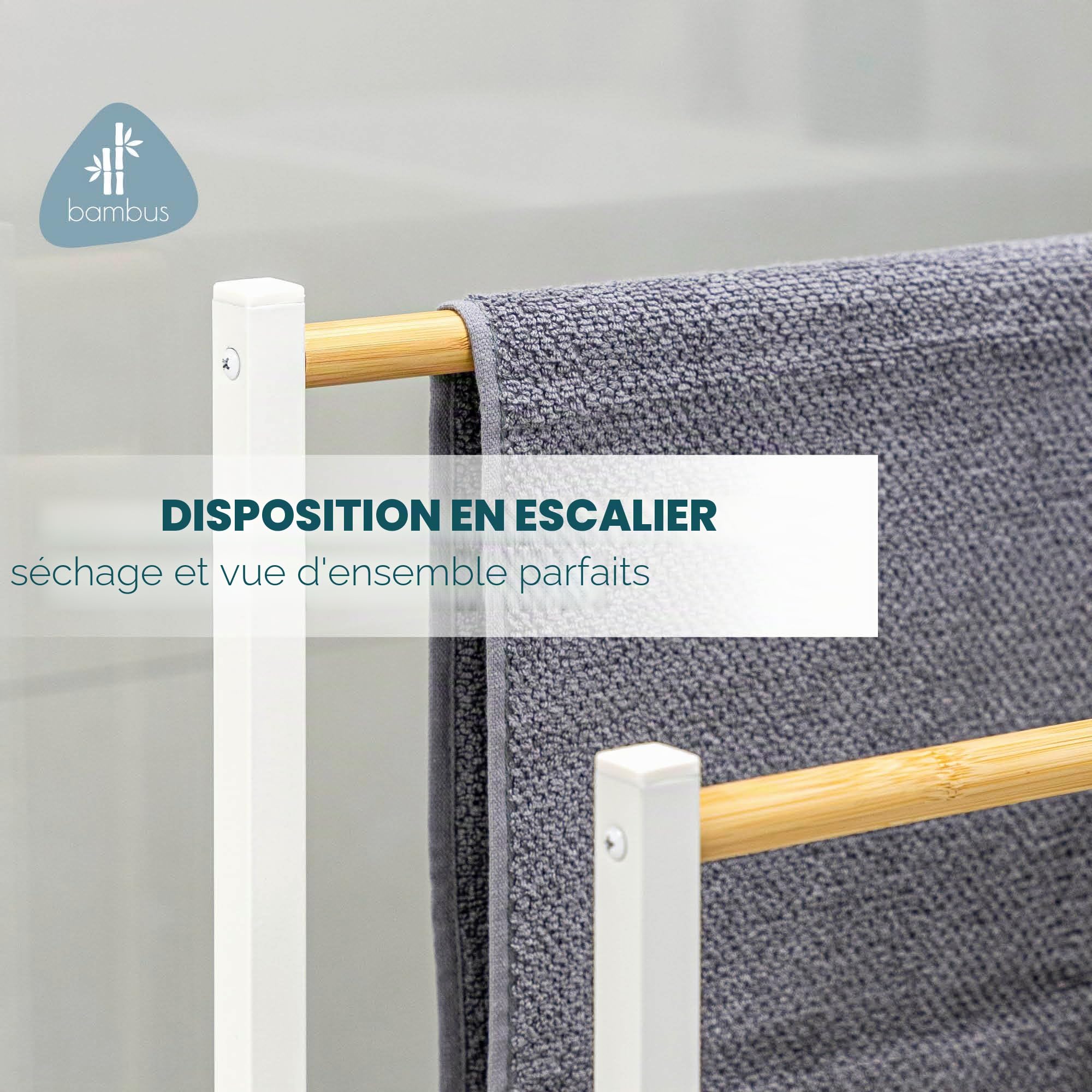 eluno Porte-Serviettes sur Pied en métal avec Bambou, Extra Large, pour Grandes Serviettes de Douche, Porte-Serviettes de Bain, avec 2 Barres Porte-Serviettes et 4 Crochets (Blanc)