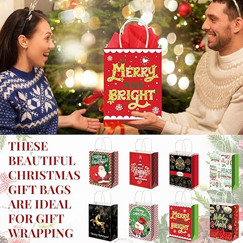Miniatura 4 de Paquete de 40 bolsas pequeñas de regalo de Navidad a granel con asa, bolsas de Navidad de papel kraft con papel de seda para regalos de Navidad