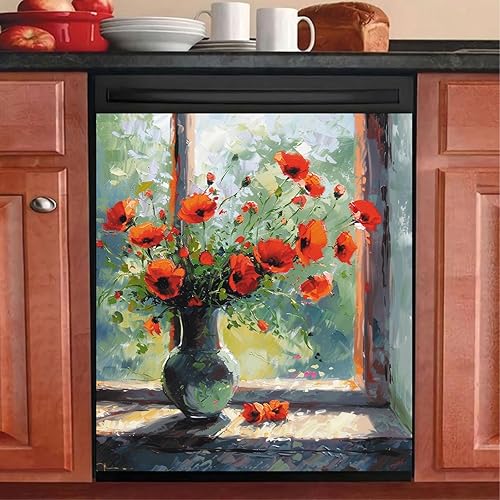 Cubierta magnética de amapola roja floreciente en ventana de madera para lavavajillas de 23 x 26 pulgadas, flores rojas de acuarela, otoño, disponible en Yaxa Venezuela