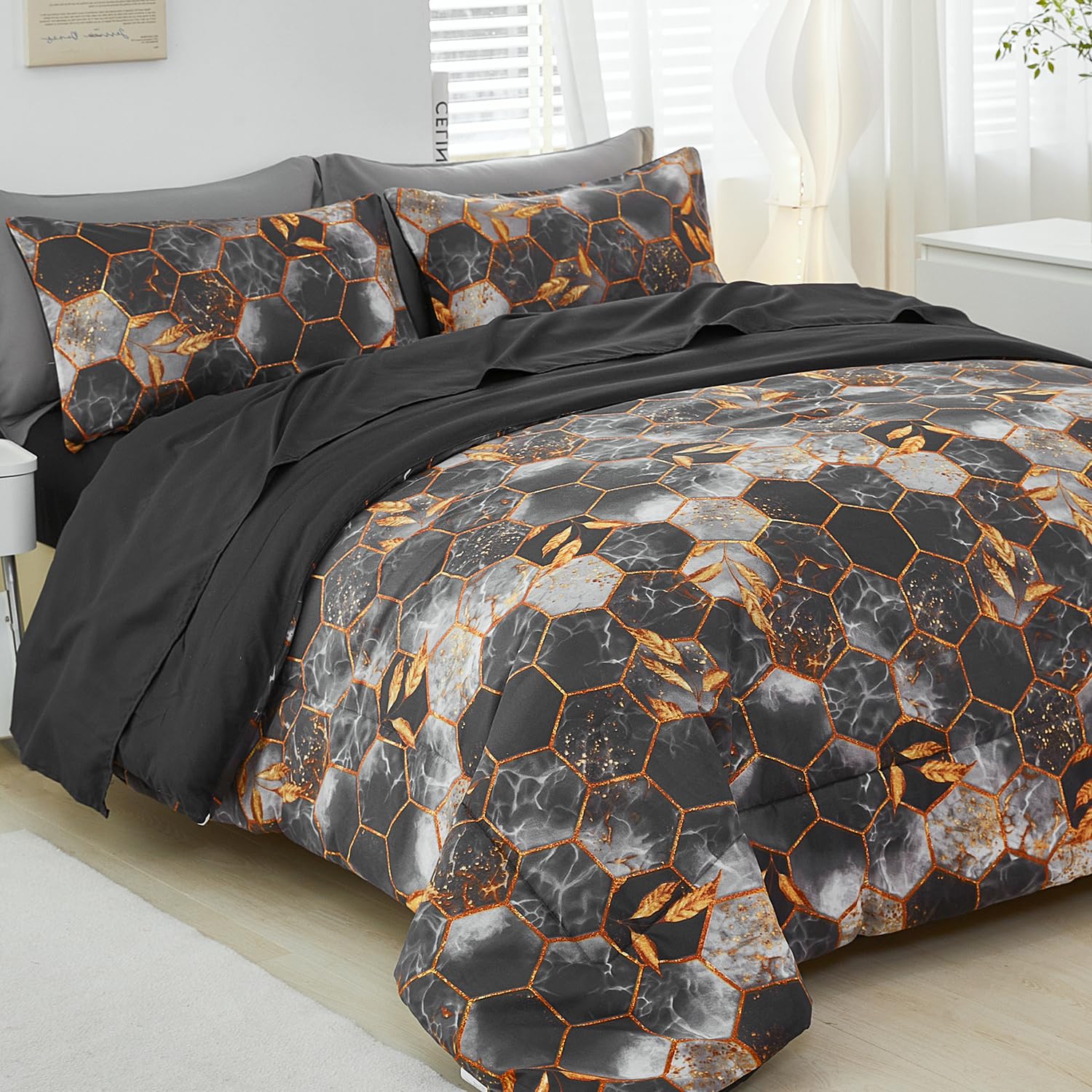 Edredón hexagonal de 5 piezas gris y dorado para cama Queen moderno