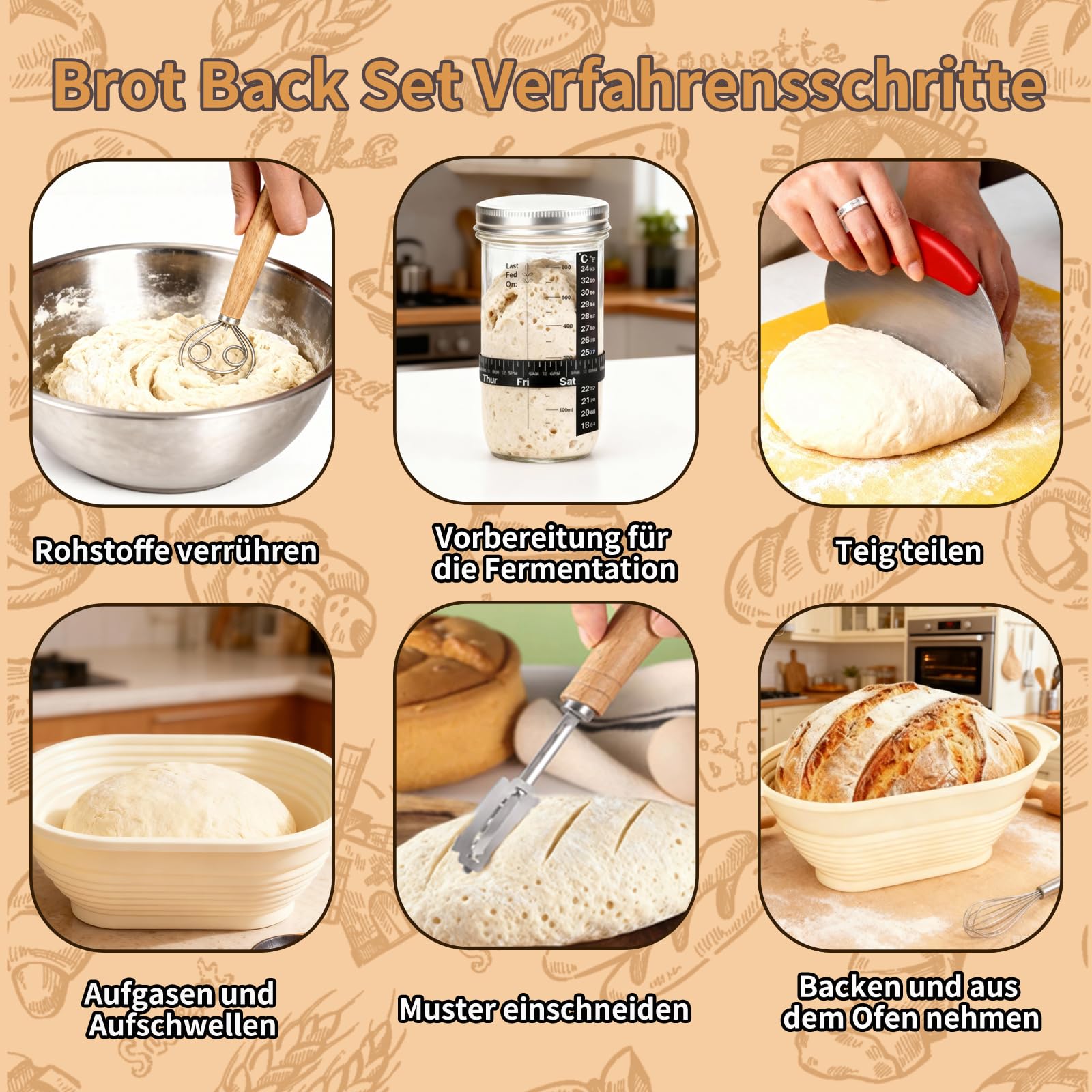 Daity Kit di avviamento a lievitazione, attrezzatura per la cottura del pane da 11 pezzi, cestino per pane ovale pieghevole da 28 cm, set da forno per pane cotto a mano per principianti e panettieri