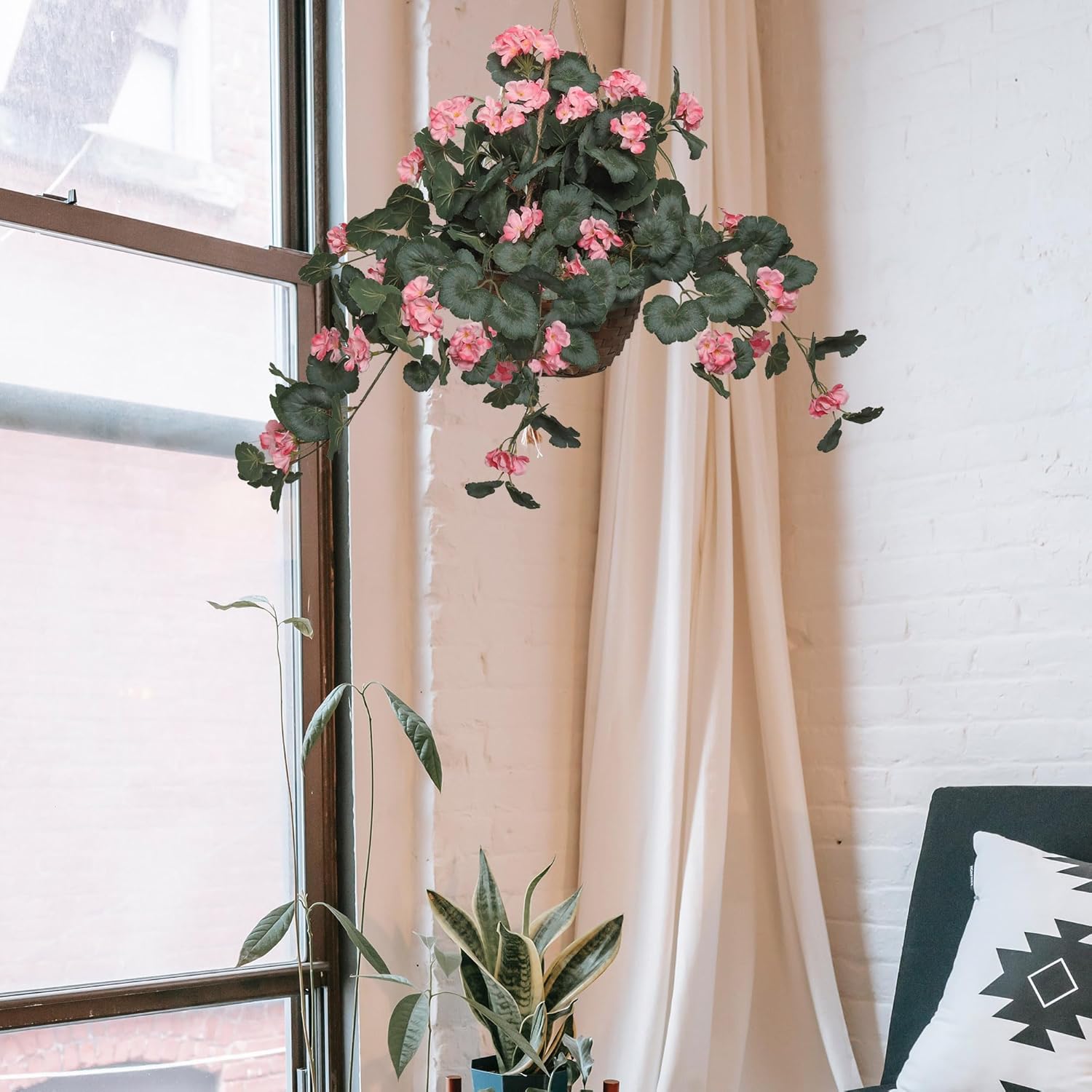 Larksilk 25" Hanging Pink Geranium Basket | Real Touch Artificial Flowers with UV-Resistant Faux Blooms | Indoor & Outdoor Décor for Home, Office, Patio, Garden, Events & Seasonal Decoration