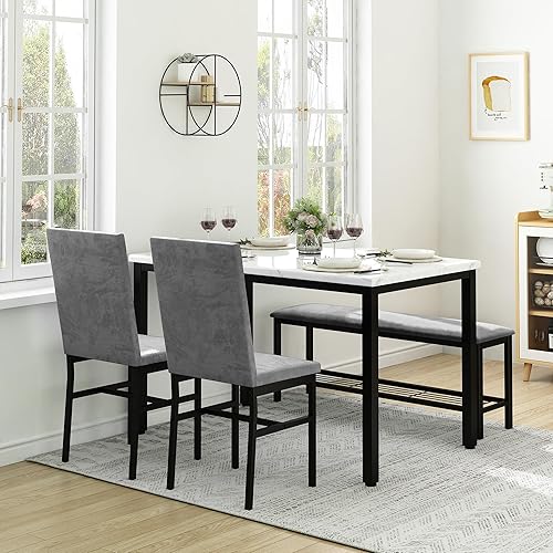 Miniatura 6 de Juego de mesa de comedor para 4, mesa de cocina de mármol sintético, juego de sillas de mesa de cocina con sillas de terciopelo, banco con red de
