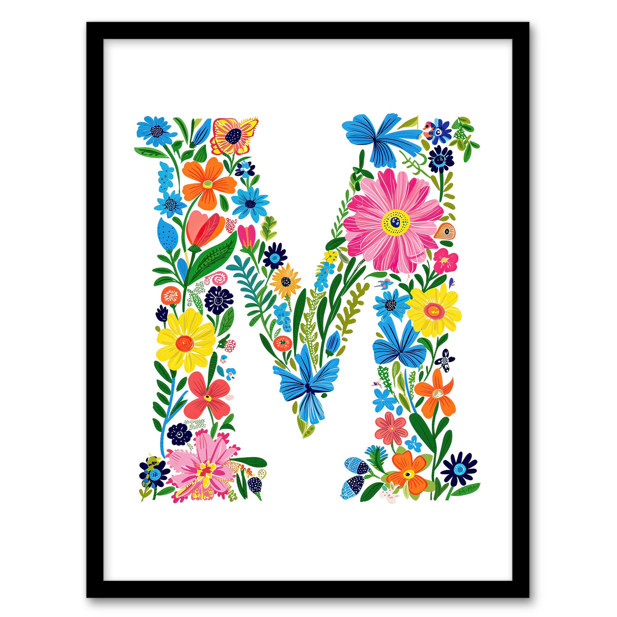Artery8 Letter M in Bright Colourful Flowers Spring Garden Floral Word Art For Her Birthday Mum Wife Woman Friend Artwork Framed Wall Art Print A4