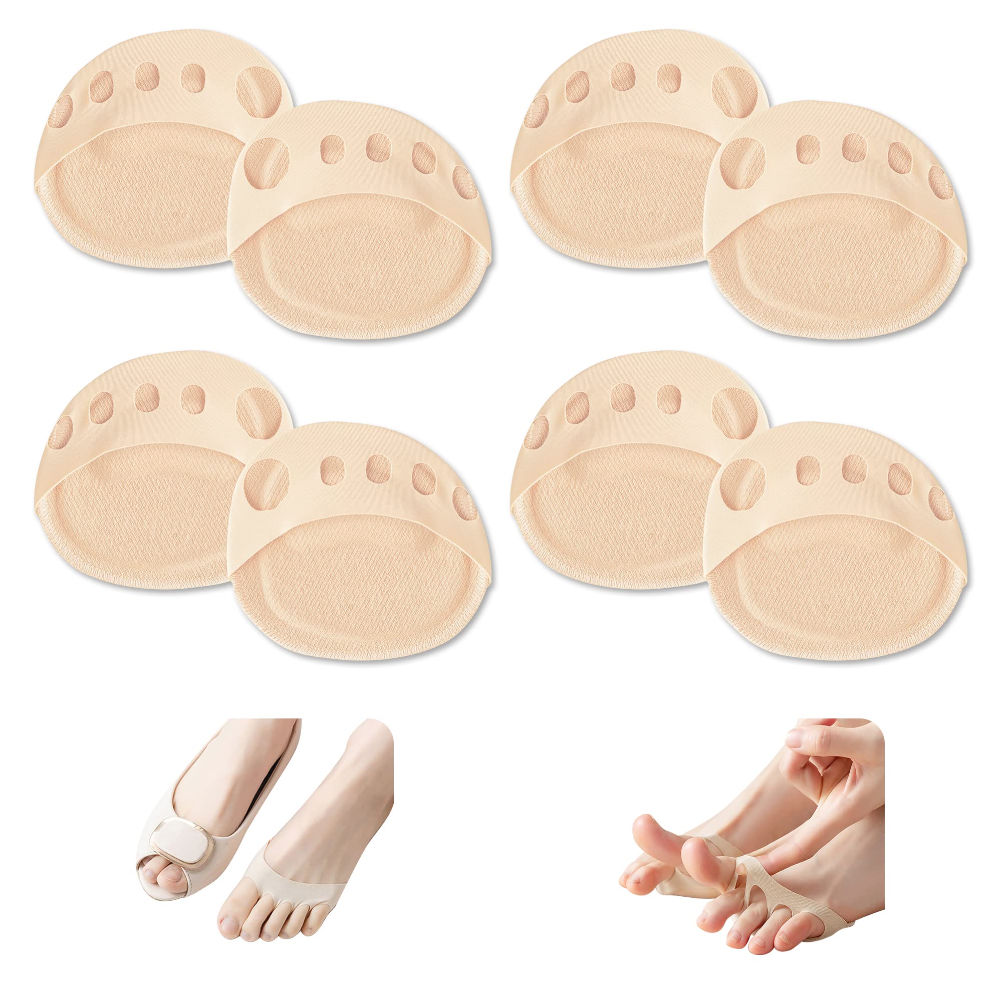 4 Pairs Ball of Foot Cushions for Women High Heels - Reusable Metatarsal Pads for Pain Relief - Invisible Honeycomb Fabric Forefoot Cushions - Soft Toe Pads for Heels