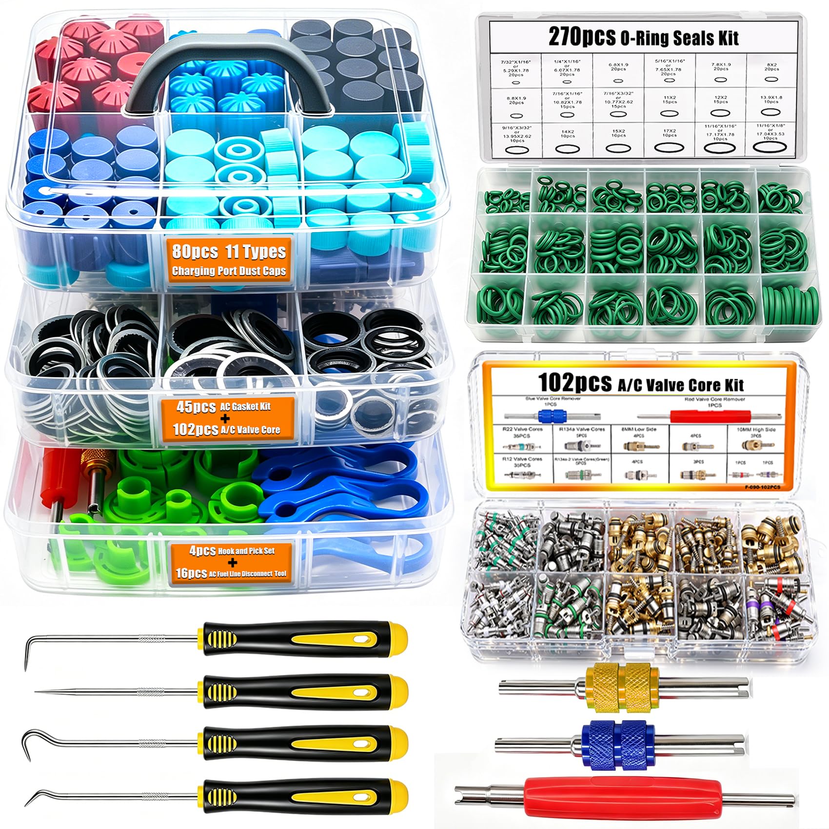 Taiss 6 Set Car A/C Repair Kits,102PCS A/C Valve Core Kit+270pcs O Ring Seals+80pcs Valve Core Caps+45pcs A/C Compressor Seal Washers+16PCS AC Fuel Line Disconnect Tool Set+4PCS Oil seal hook(517PCS)