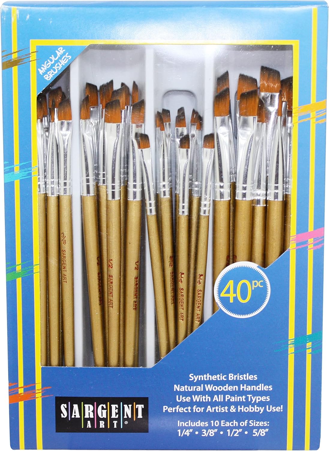 Sargent Art Angular Brush Set, 40 Pieces Brush Set With Natural Wood Handles, Great for all Paint types
