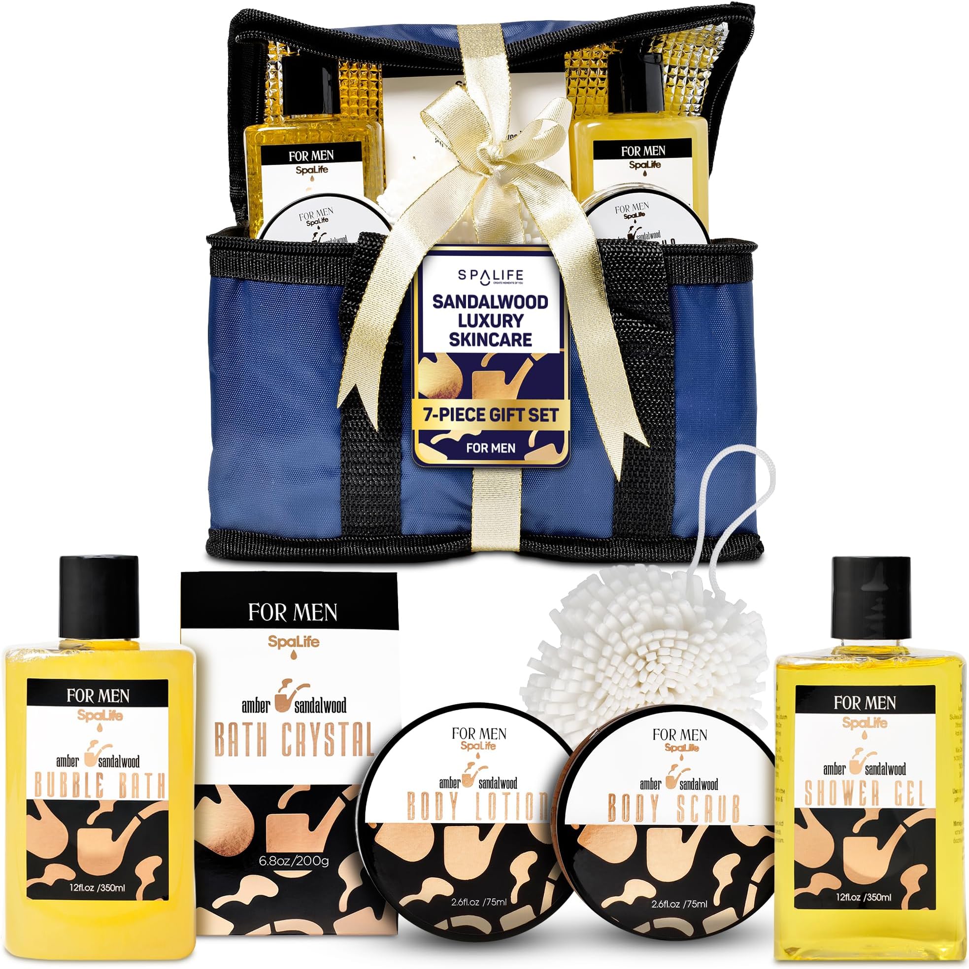 SpaLife Luxury Spa Skincare Sandalwood Gift Set for Men | Mens Body Wash Gifts | Mens Gift Set for Bath and Body | Gifts for Men | Cleansing, Moisturizing, Exfoliating | 7-Piece Bundle