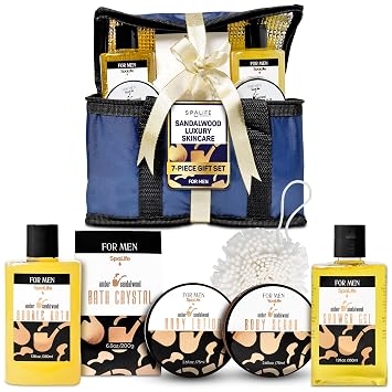 SpaLife Luxury Spa Skincare Sandalwood Gift Set for Men | Mens Body Wash Gifts | Mens Gift Set for Bath and Body | Gifts for Men | Cleansing, Moisturizing, Exfoliating | 7-Piece Bundle