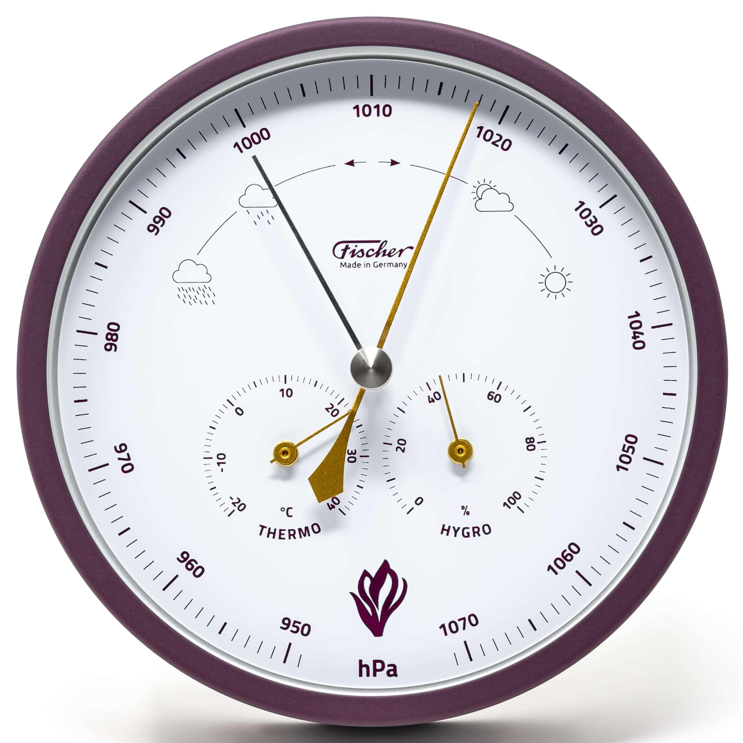 Fischer 1602-24, Wetterstation, Glas, Edelstahl, Messstation | Barometer mit Thermometer und Hygrometer, Krokus-Edition Violet, Gold, Messbereich 20-100 % r. F., Genauigkeit ± 5 % r. F.