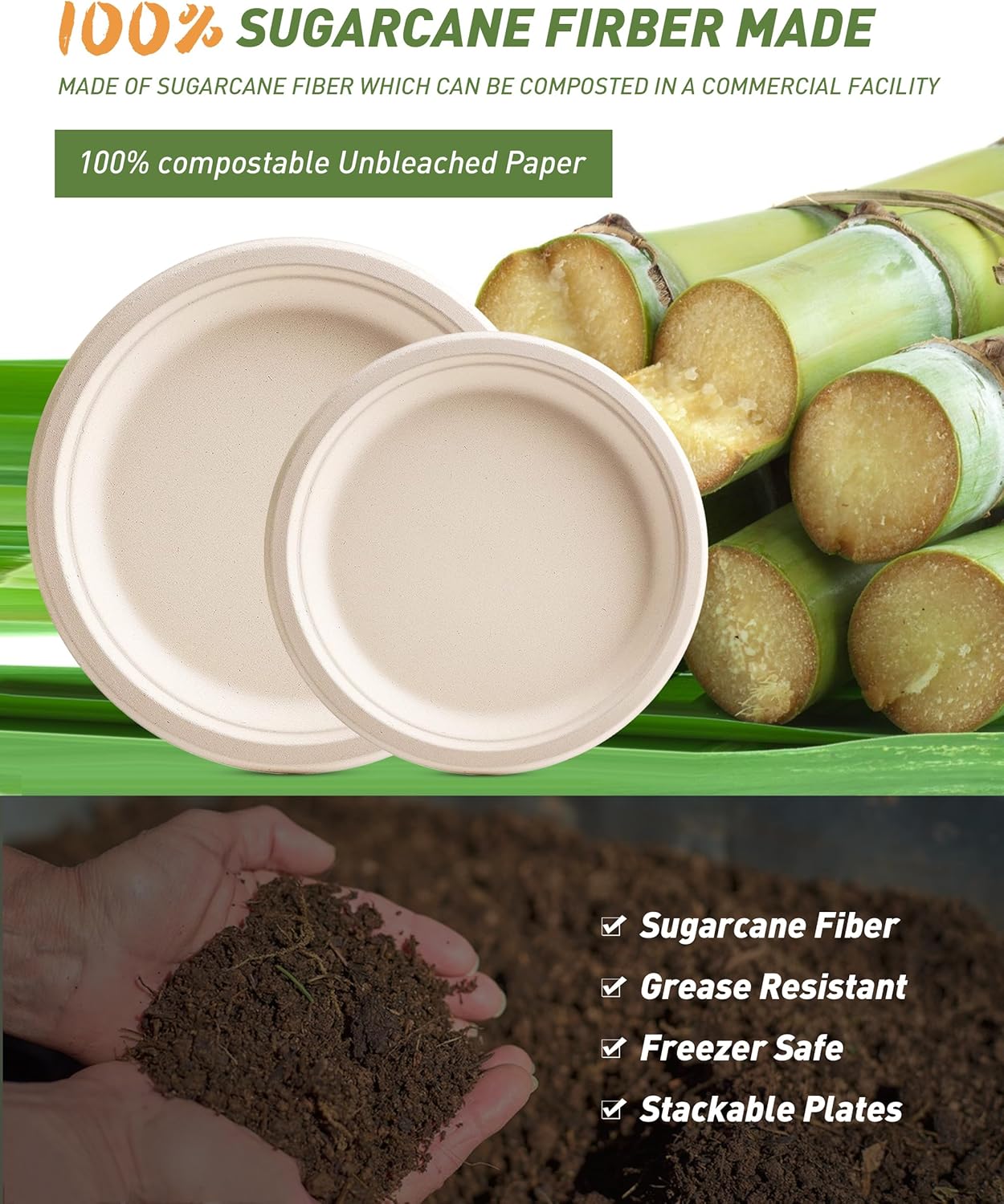 100% Compostable Paper Plates 7 Inch 150 Pcs Disposable Heavy-Duty Plates Eco-Friendly Natural Sugarcane Bagasse Fiber Biodegradable for BBQ,Party,Picnic Etc