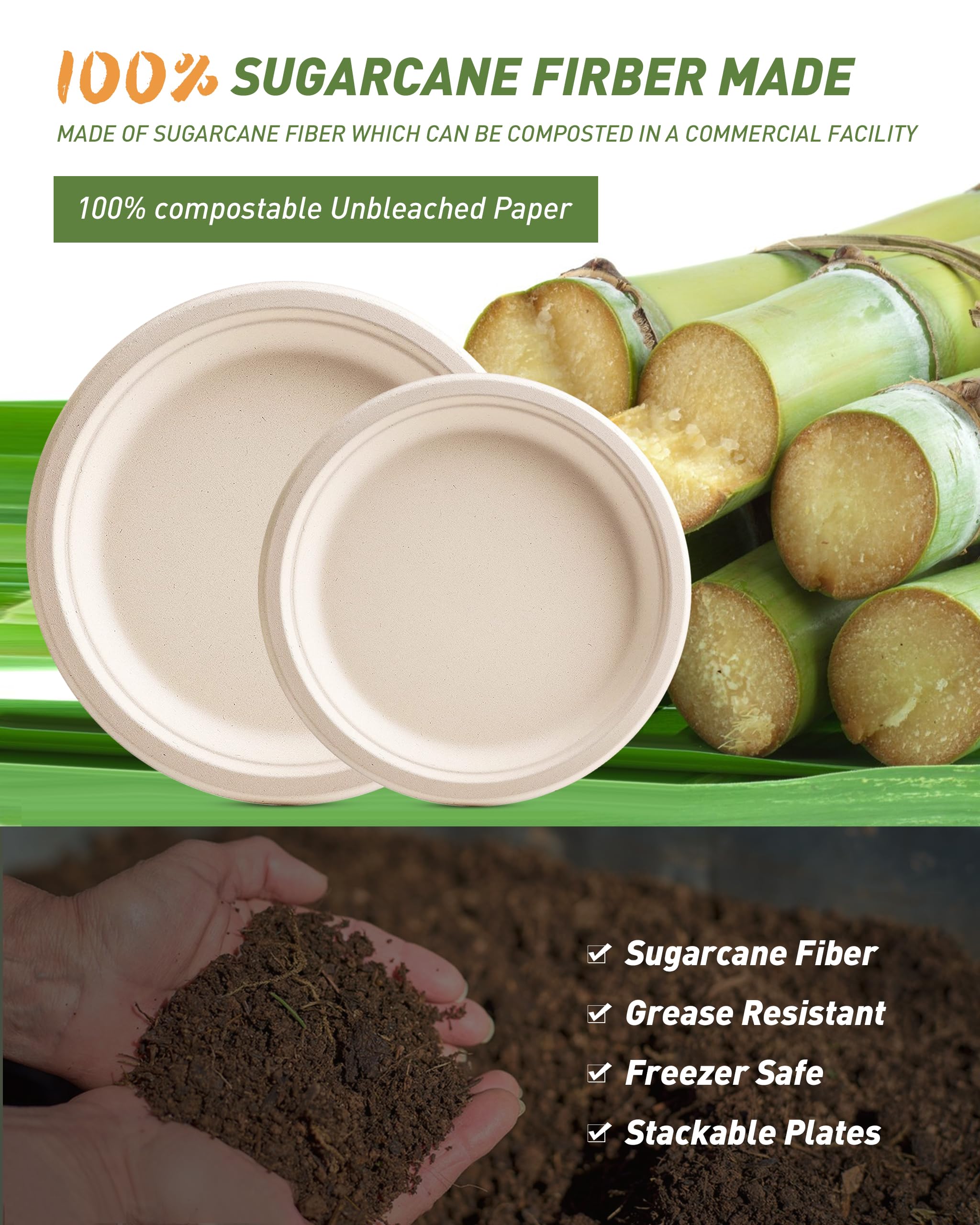 Platos de papel 100% compostables de 7 pulgadas, 150 unidades, desechables, resistentes, ecológicos, fibra de bagazo de caña de azúcar natural, biodegradables para barbacoas, fiestas, picnic,