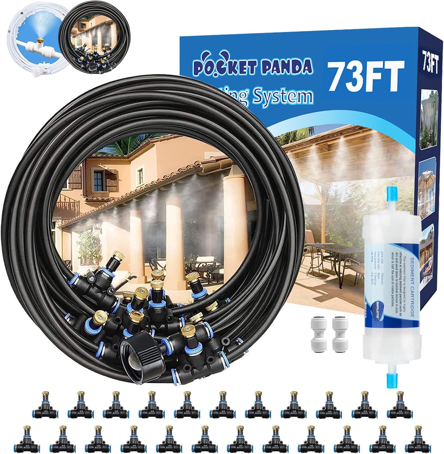 Water Misters for Cooling Outdoor, Outside Patio Mister w Filter,73FT|23M. Backyard Misting System for Garden,Greenhouse, Fan,Deck,Umbrella,Canopy,Pool,Porch,Trampoline,Sprinkler,Park, Kid, Yard, Park