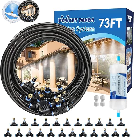 Water Misters For Cooling Outdoor, Outside Patio Mister W Filter,73FT|23M. Backyard Misting System For Garden,Greenhouse, Fan,Deck,Umbrella,Canopy,Pool,Porch,Trampoline,Sprinkler,Park, Kid, Yard, Park