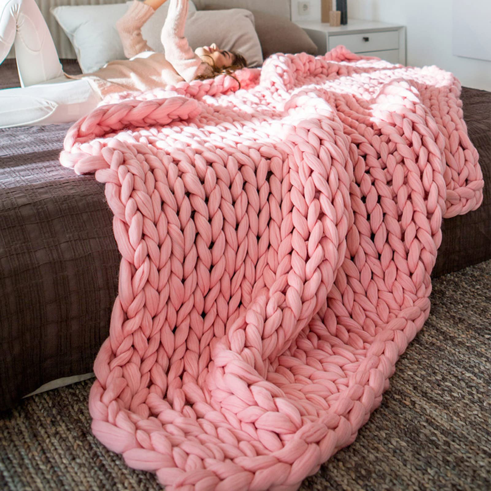 Bed Throws,Knitted Weighted Blanket,Chunky Knit Blanket,Yarn Filling-Hand woven knotted blankets for Bed Sofa Chair, chunky yarn blanket for Home Decor