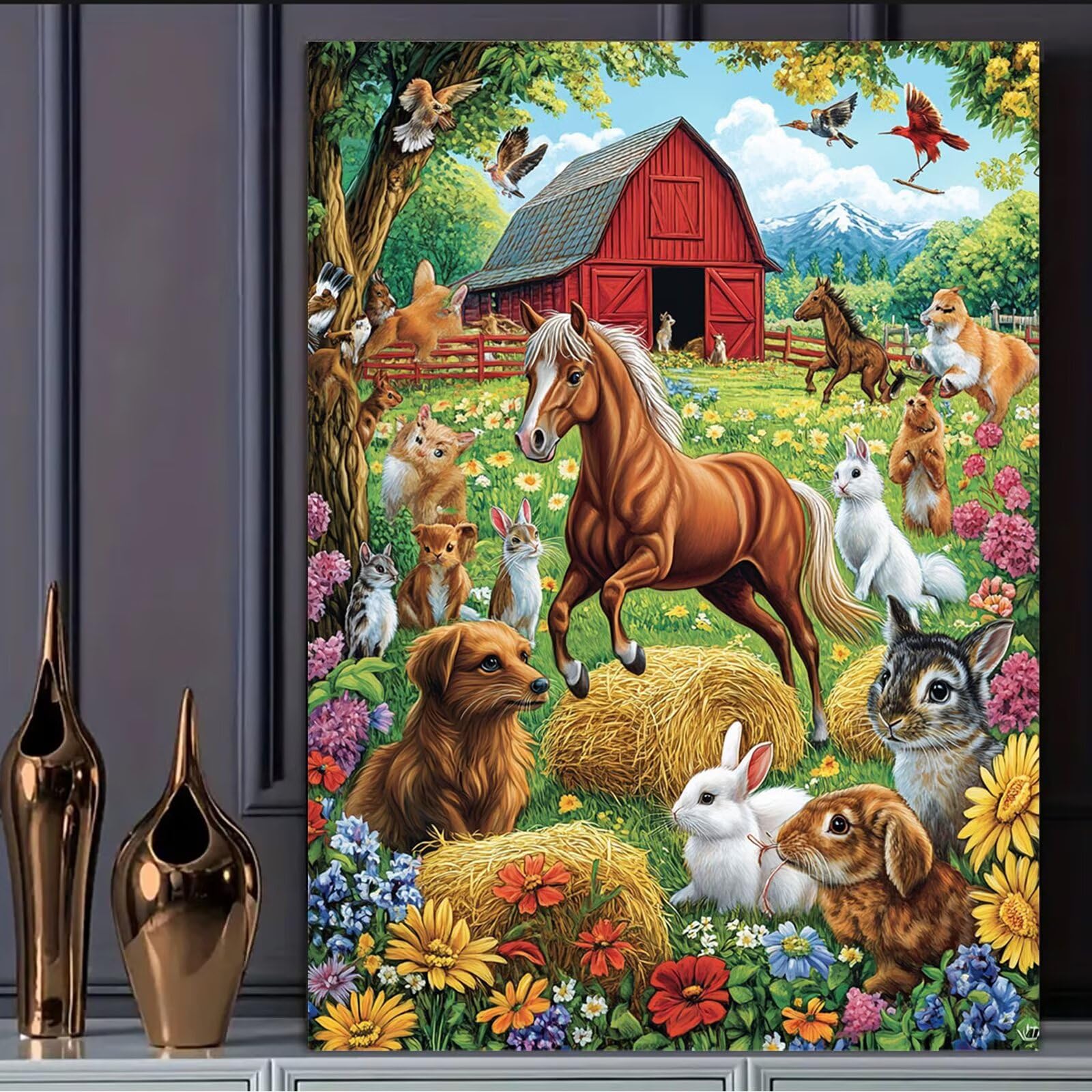 Malowanie numerami dla dorosłych gospodarstwo rolnicze malowanie numerami z ramą 90 x 120 cm, malowanie zwierząt według numerów z farbami i pędzlami, DIY zestawy do malowania olejnego, prezent do