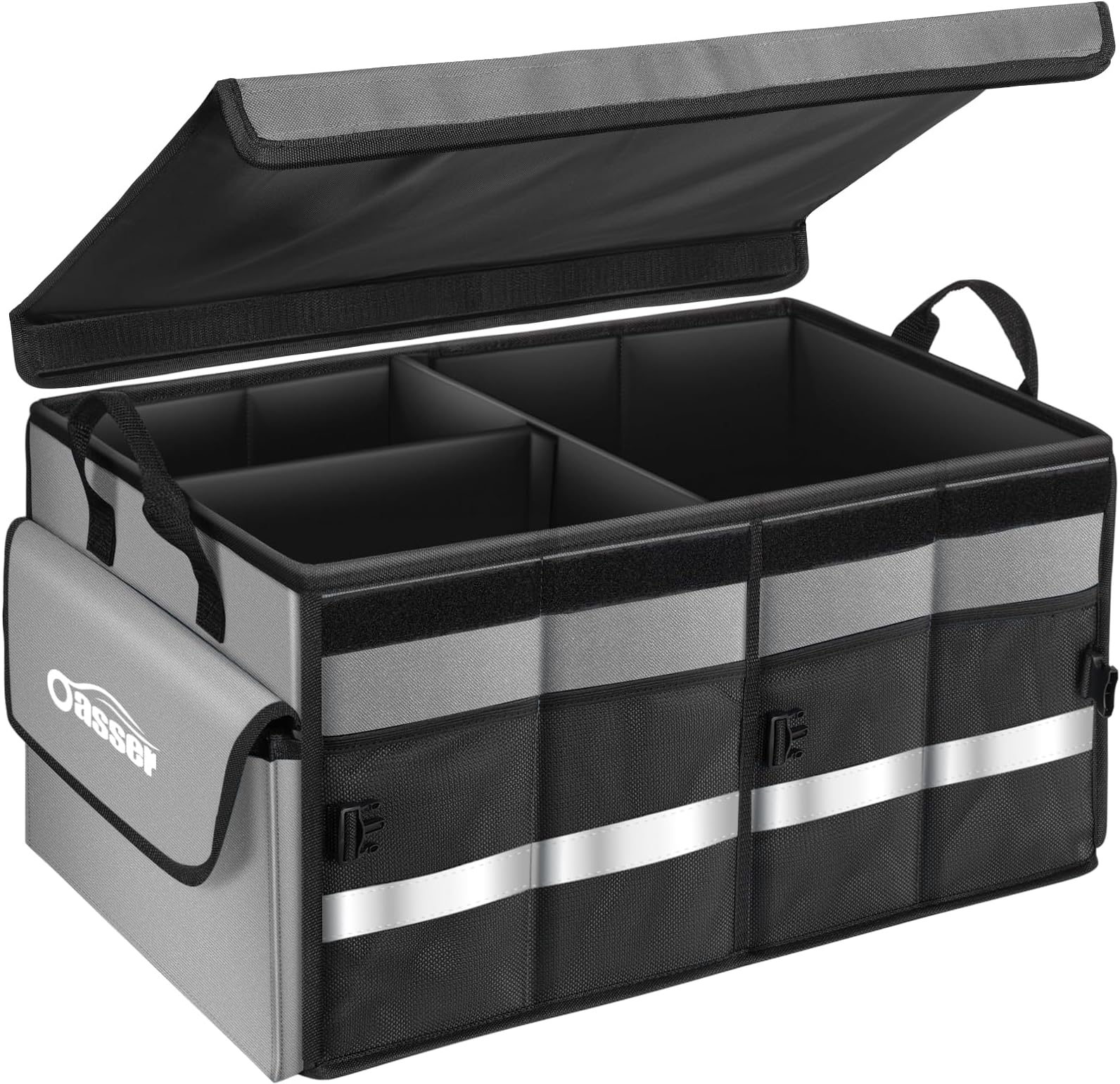 Oasser Car Boot Organiser Storage Collapsible Durable Multi Compartments Boot Organisers with Foldable Cover Reflective Strip (Standard, Grey)