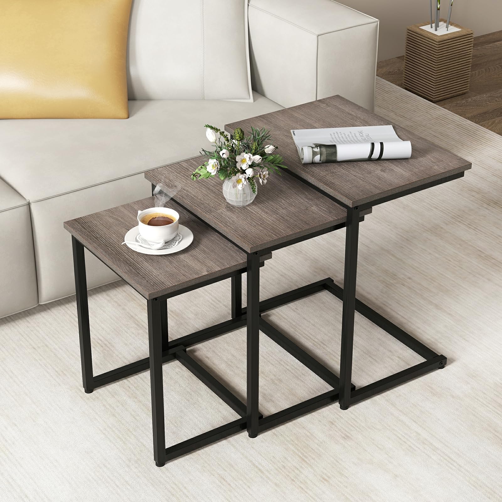 GOFLAME Nesting Coffee Tables Set of 3, Rectangular Nesting Center Table with Wood Grain Top & Metal Frame, Modern C-Shaped Nested Side Table Set for Living Room, Bedroom, Black & Oak