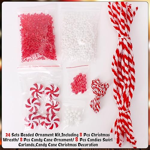 Miniatura 4 de Adornos navideños para adultos y niños, 24 juegos de adornos navideños rojos y blancos, kit de adornos de menta con cuentas y bastón de caramelo