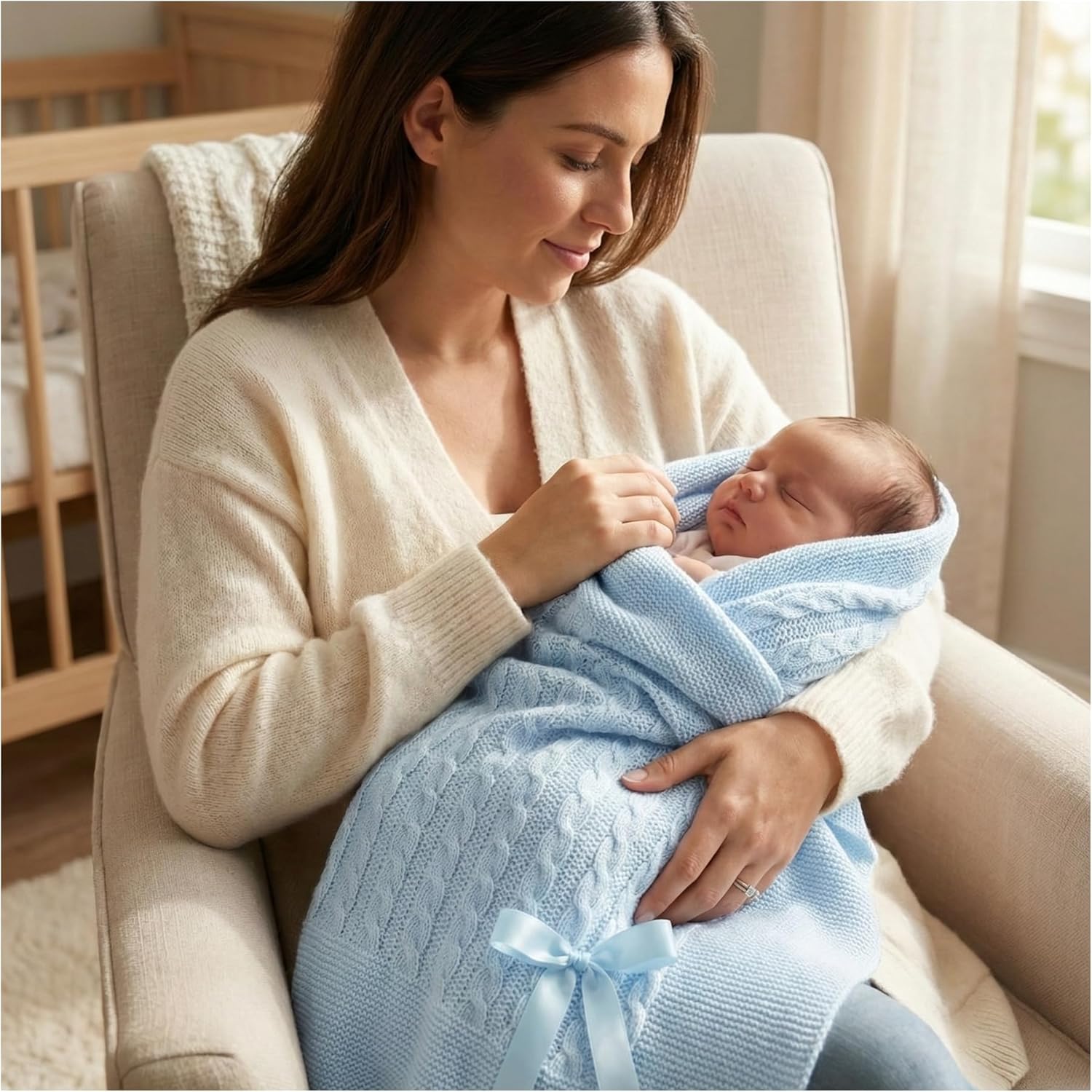 Soft Knitted Receiving Baby Blanket for Boys and Girls Crib Nursery Swaddle Shower Gift - Made in Spain 38'' x 39'' (Sky Blue)