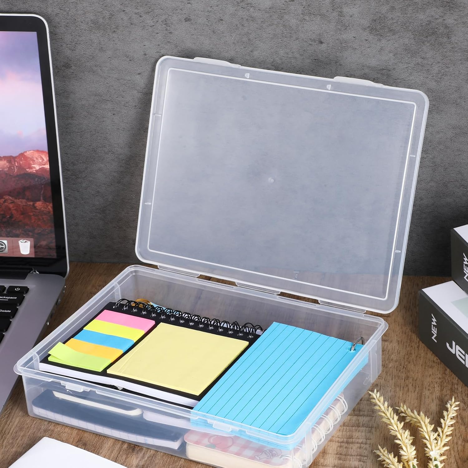 Lemecima 6 Pcs 7'' x 9'' x 2'' Plastic Storage Box with Lid Multipurpose Craft Organizers Plastic Containers Clear Pencil Case Art Satchel Storage Case for Beads Ornaments Crafts Accessories