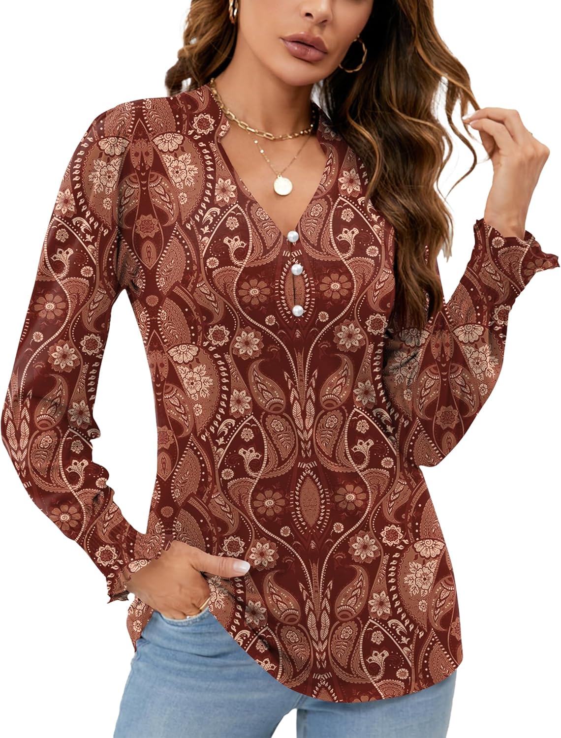 Rapbin Womens V Neck Puff Long Sleeve Button Down Tunic Blouses Fall Tops 2025 Ruffle Cuffs Dressy Casual T-Shirts