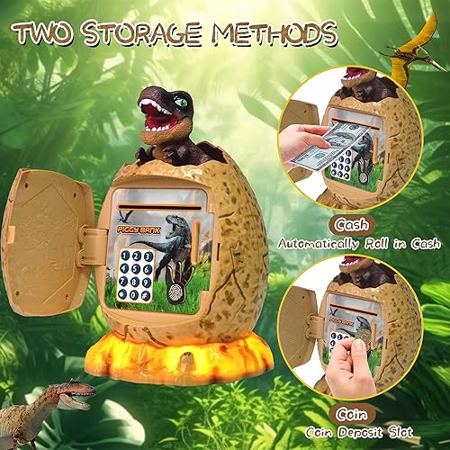 Miniatura 2 de Alcancía para niños, banco de dinero de huevos de dinosaurio con desbloqueo de huellas dactilares, luz nocturna, música, cajero automático de