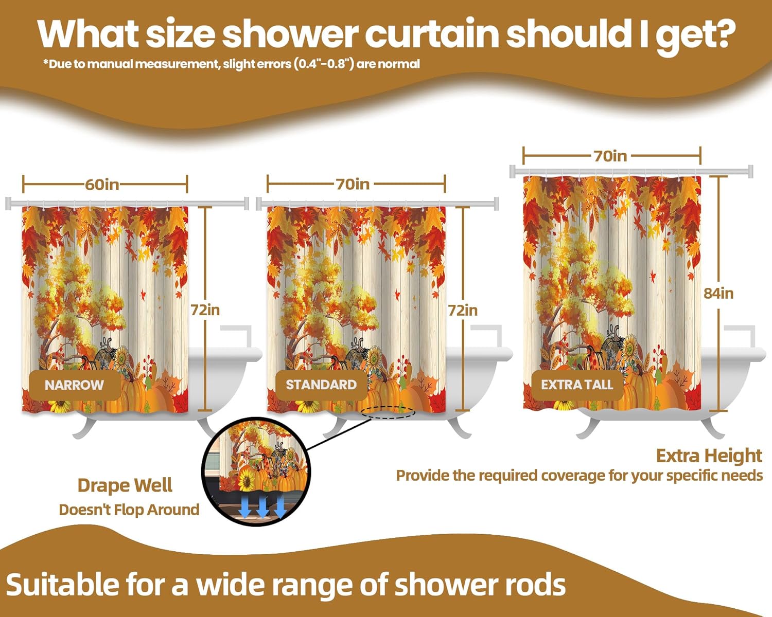 Autumn Shower Curtain, Orange Fall Leaves Pumpkin Pattern, Rustic Country Farmhouse Thanksgiving Bathroom Curtain Set, Decorative Waterproof Fabric (70''W x 72''L)