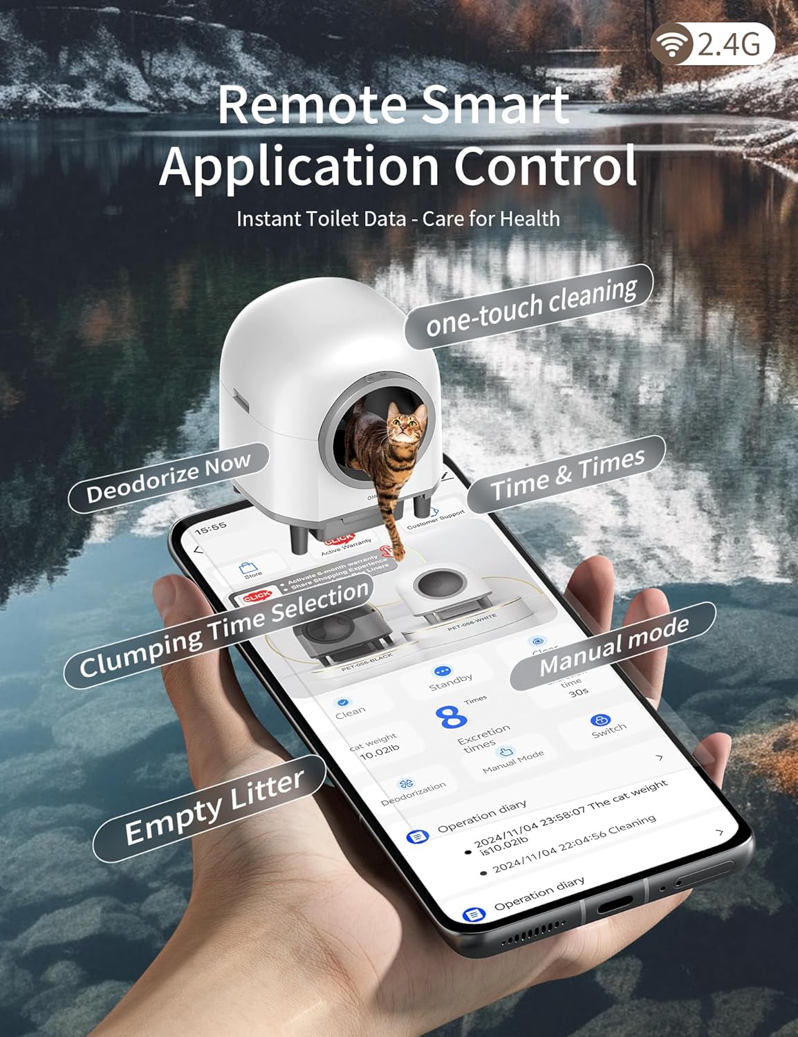 Screenshot of the Tabacir Smart Litter Box app interface on a smartphone, showing various control options like one-touch cleaning, deodorize now, time & times, clumping time selection, manual mode, and empty litter.