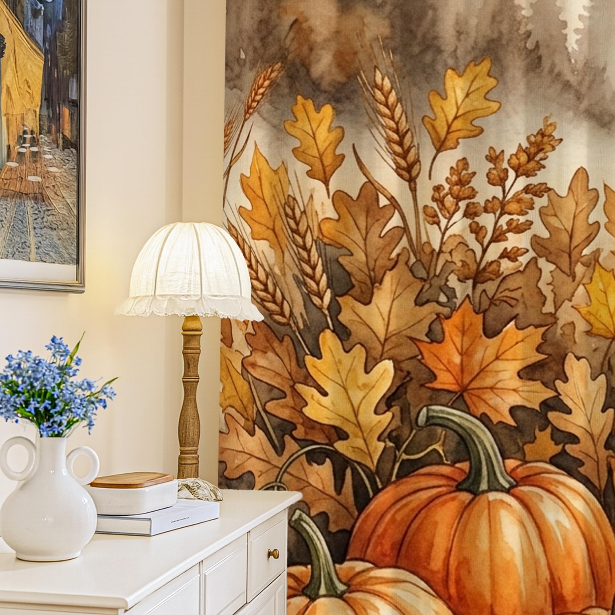 Rideaux occultants sans plis orange à motif citrouilles pour décor rustique