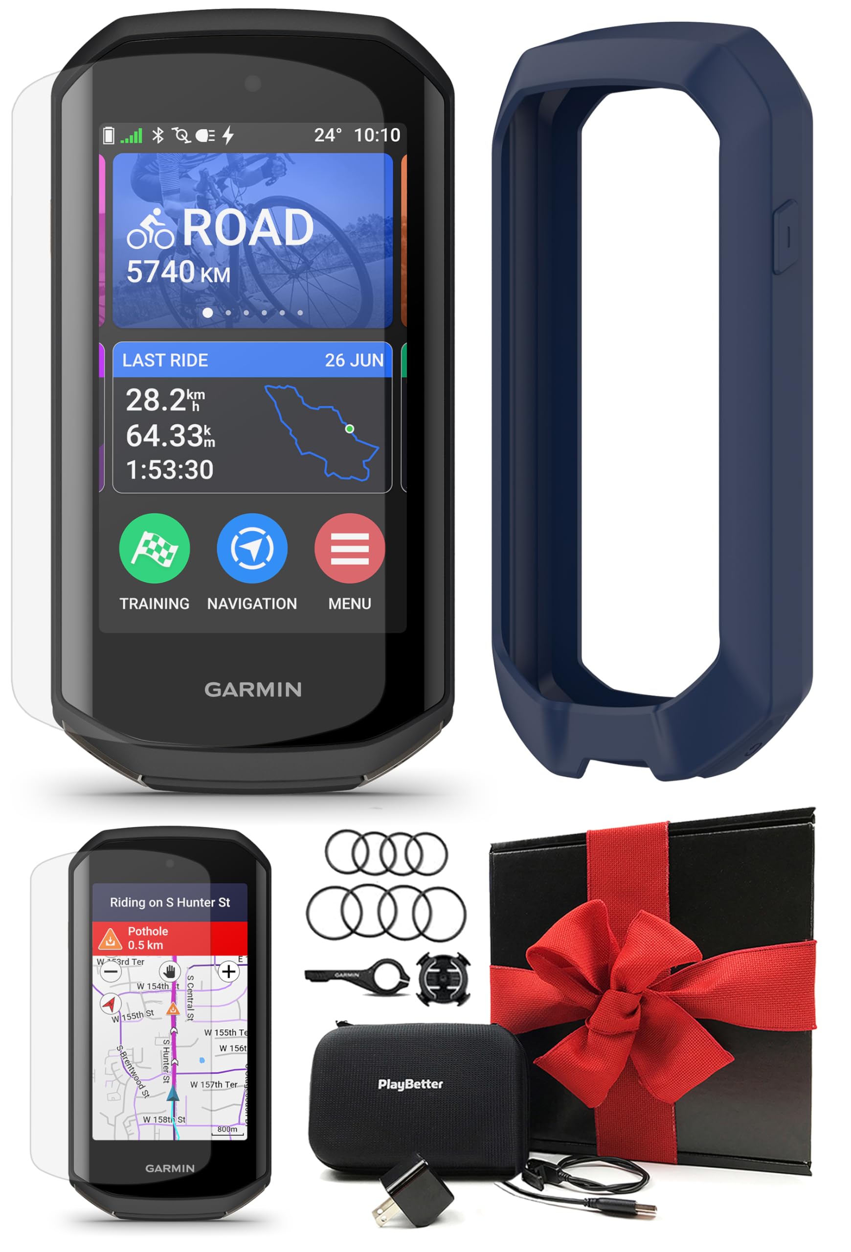 Garmin Edge 1050 Premium Cycling Computer Gift Box Bundle - Color Touchscreen, Built-in Speaker, Group Ride, Road Alerts with PlayBetter Silicone Case (Navy), Screen Protectors, Wall Adapter & Case