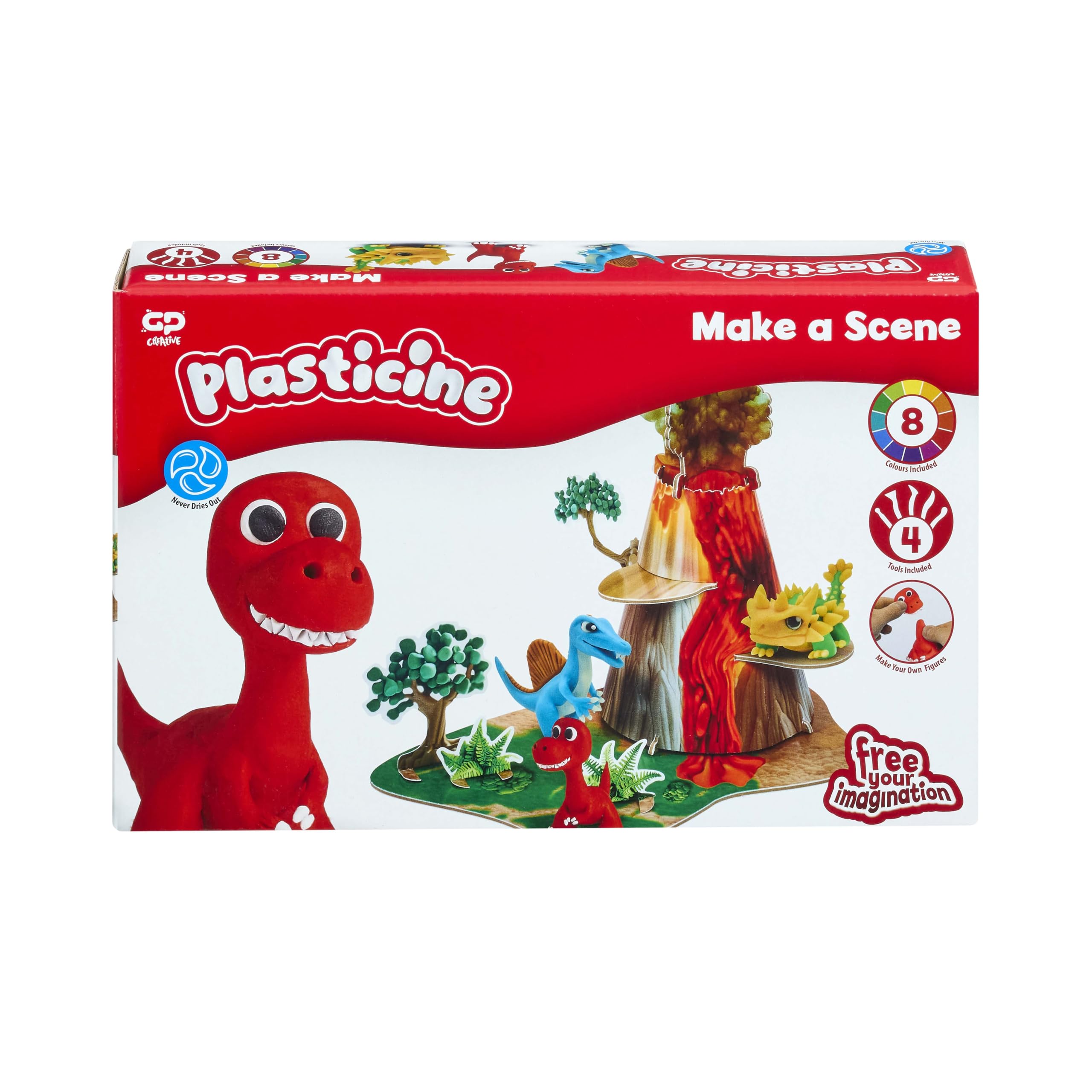 Plasticine The Original, Make A Scene Dinosaur Skwishems Set – Creative Modelling Clay Activity Kit with Tools & QR Video Guide – Make & Skwish Dinosaurs & Volcano – Reusable Mess-Free Fun – Ages 3+