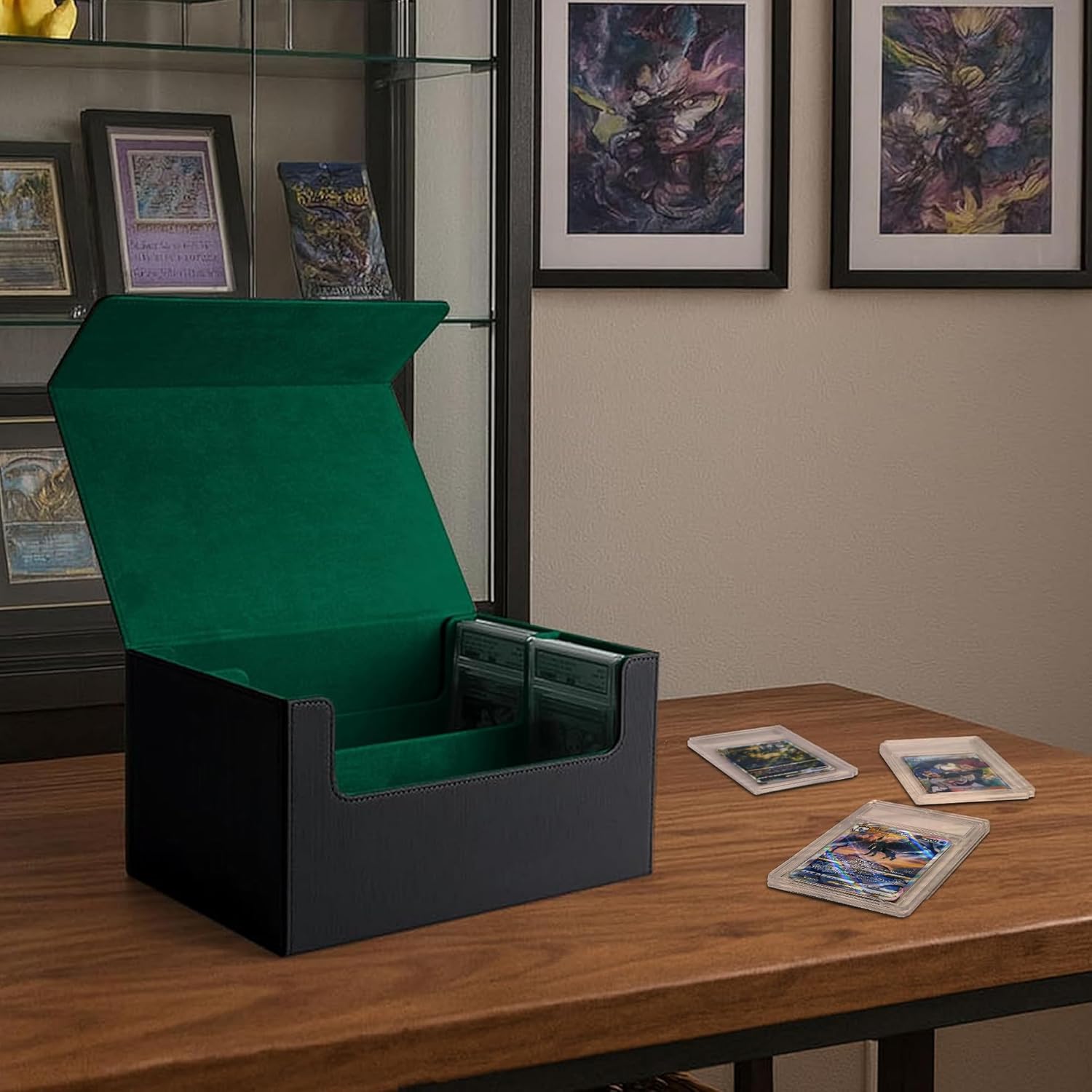 Venssu Graded Card Storage Box - Holds 80 PSA/BGS Slabs, 2-Row Slab Case Compatible with Toploaders, Waterproof PU Leather Trading Card Holder for MTG, PTCG, TCG, Sports Cards (Black and Green)