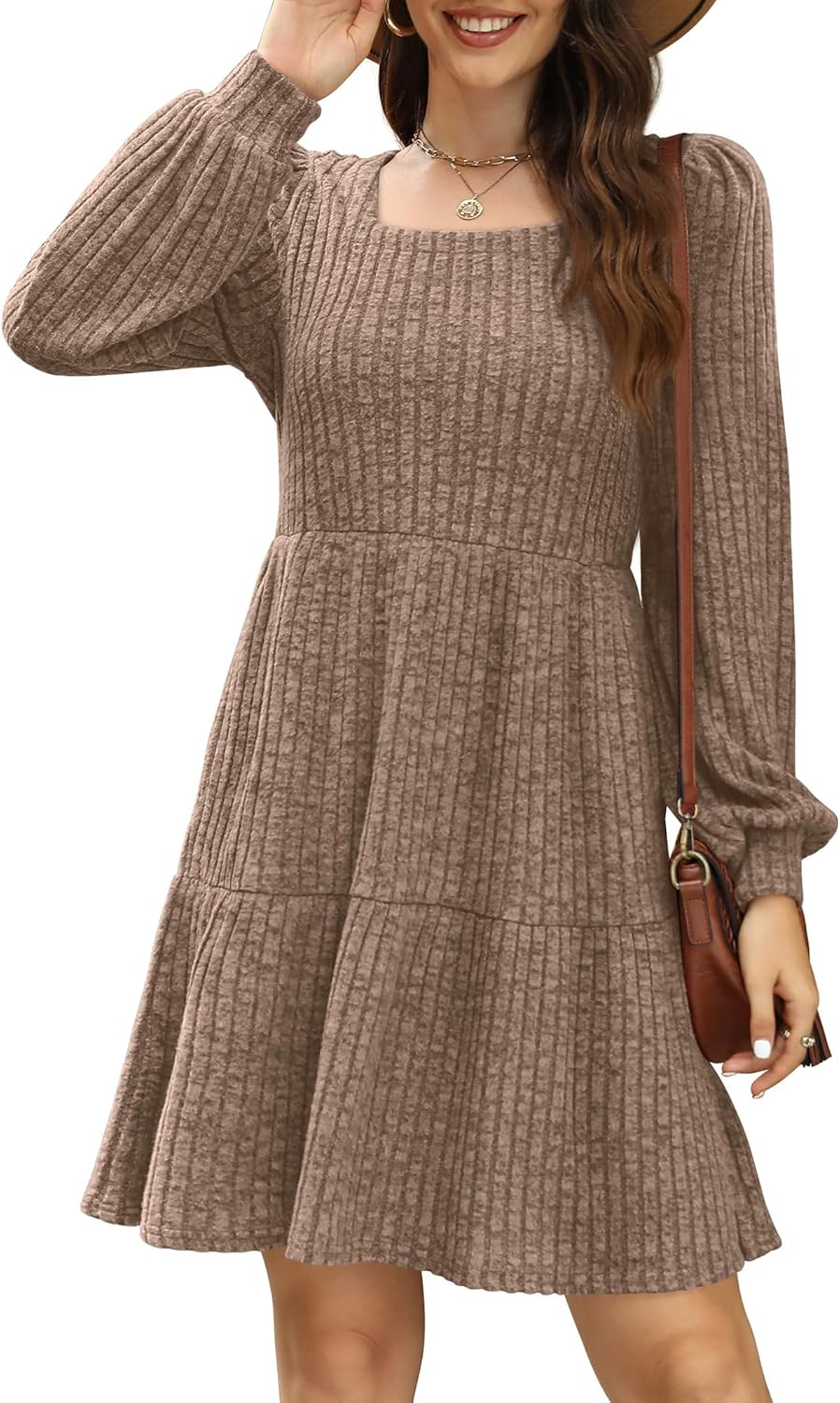 Sampeel Womens Square Neck Long Sleeve Fall Dresses Casual Babydoll Sweater Dress - Image 3