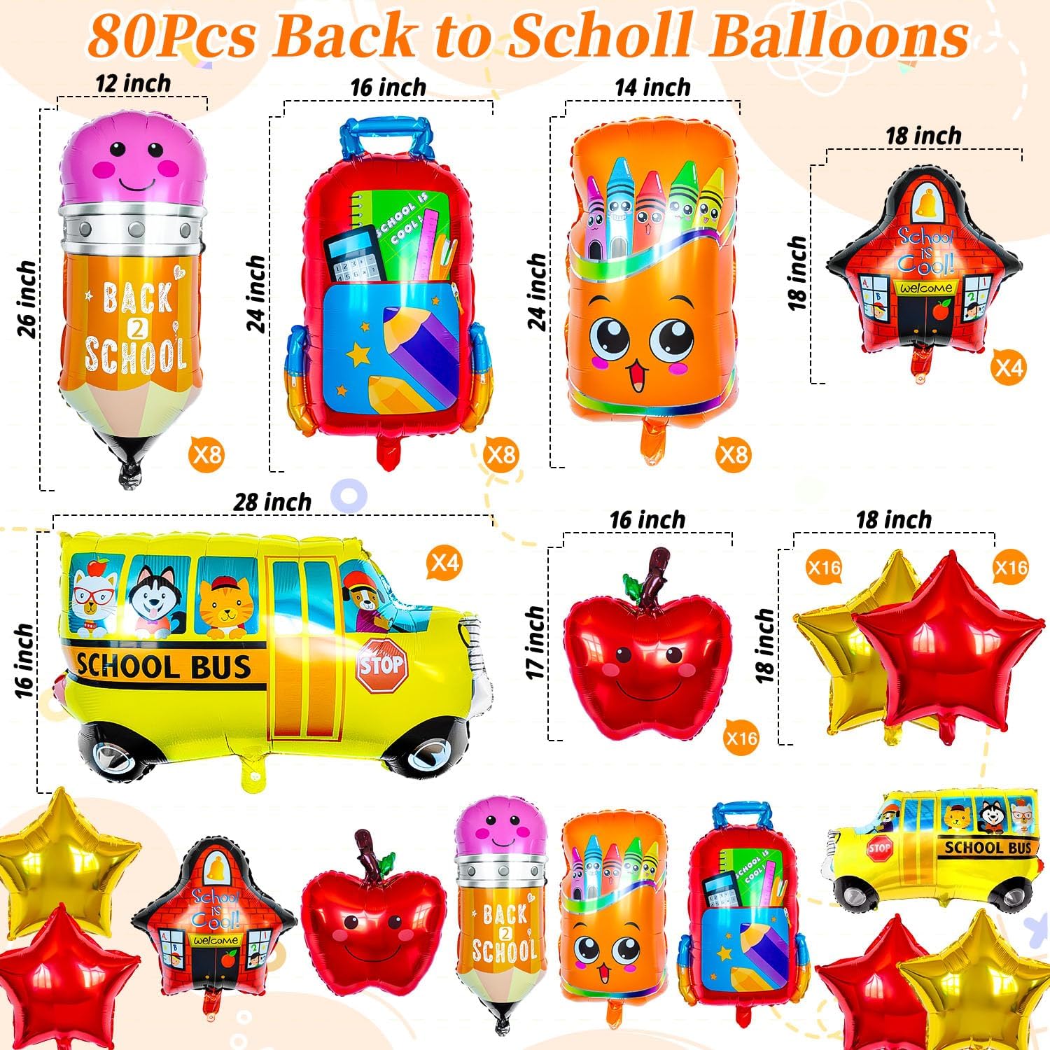 80 Pcs Back to School Balloons, Colorful Bus School Pencil Apple Crayon Foil Mylar Balloon for Party Decorations Supplies