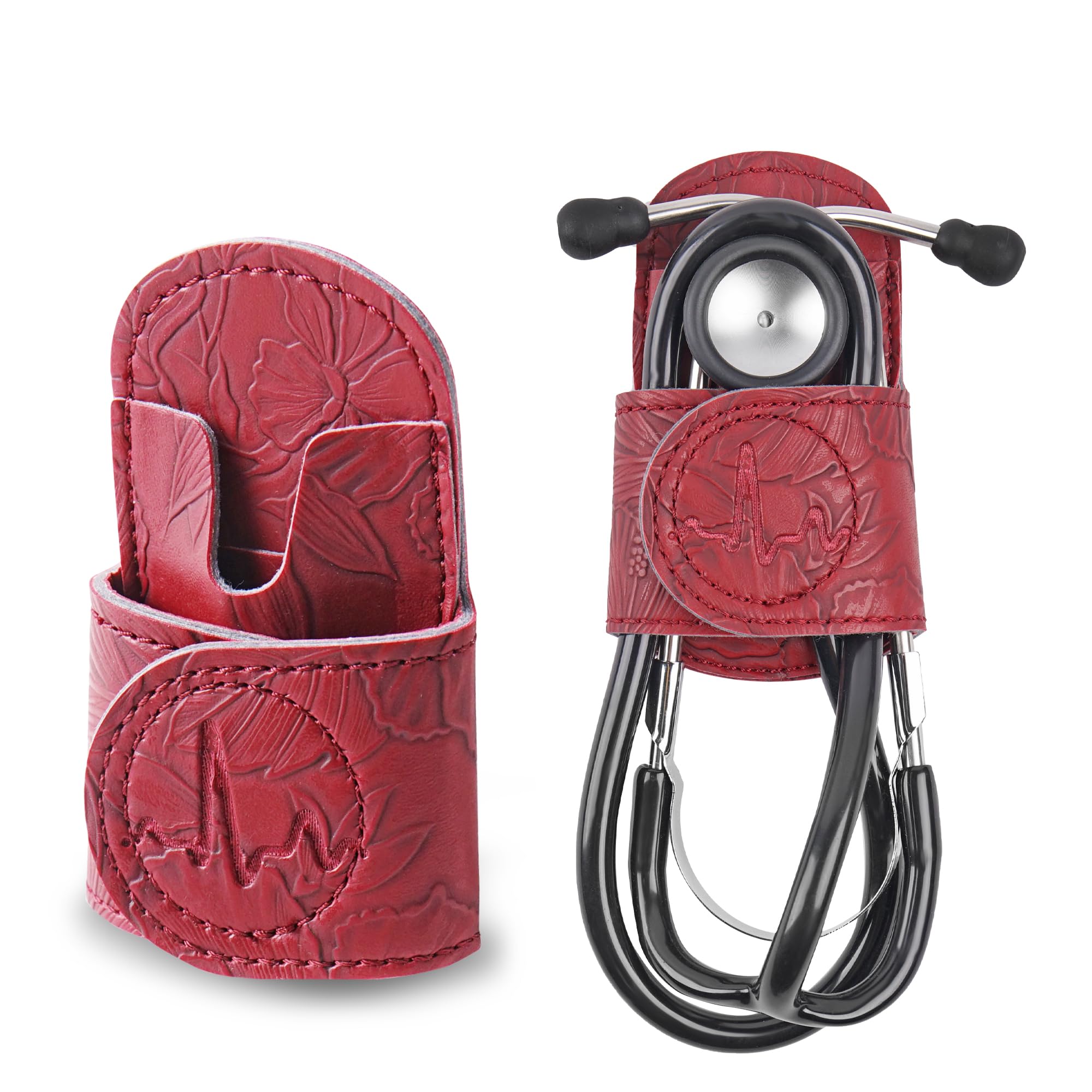 Mtzmy Stethoscope Holder Hip Clip.3M Littmann Stethoscope Belt Clip for Scrubs, Nursing Tools Holster Case,Teaching Stethoscope Holder &Accessories(1-1Carved Dard Red)