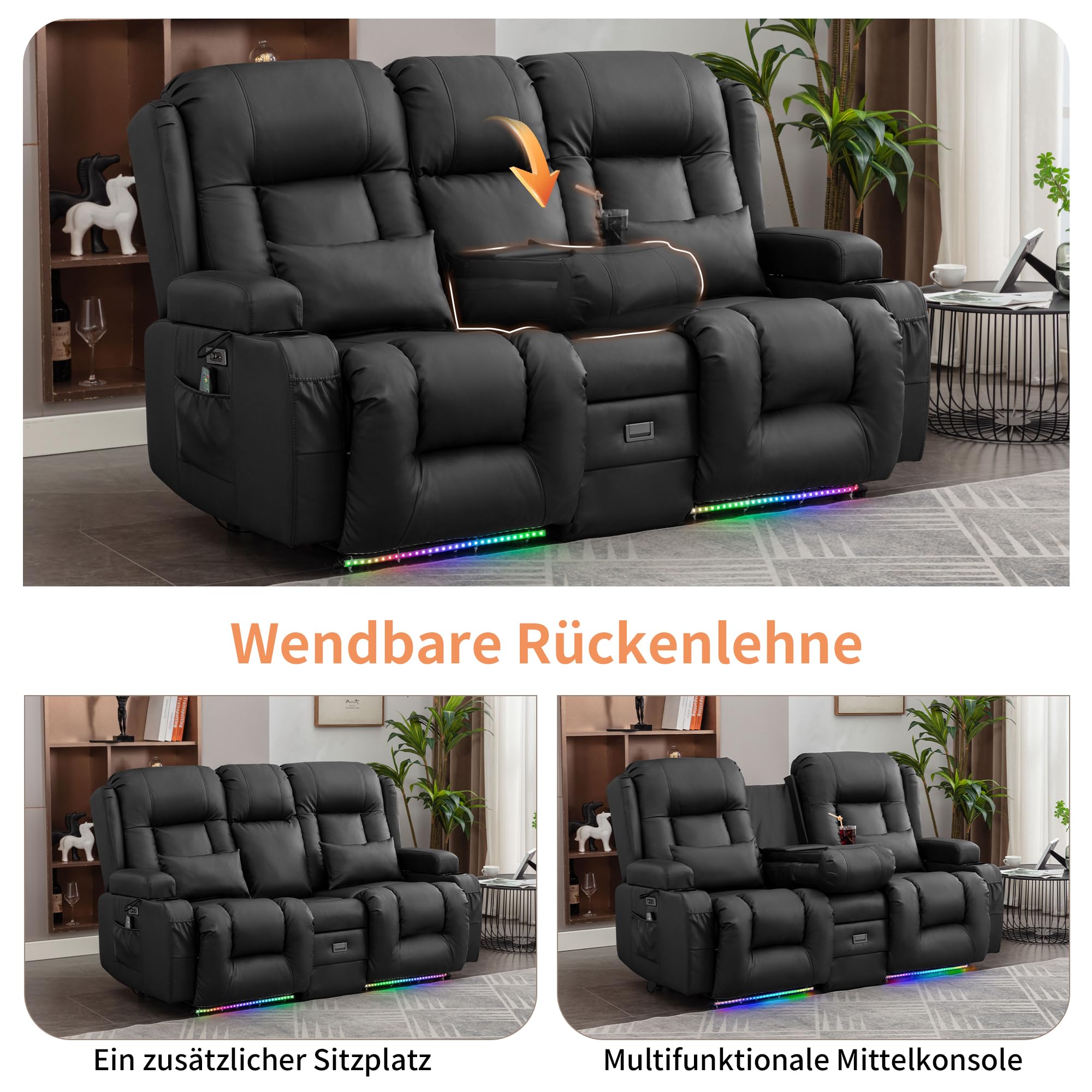 Elektrisch Relaxsessel mit Liegefunktion, Zweisitzer Fernsehsessel mit Konsole TV Sessel Heimkino mit Heizung & Vibrierende Massage/USB & Type C/Getränkehalter/Kunstleder (Schwarz)
