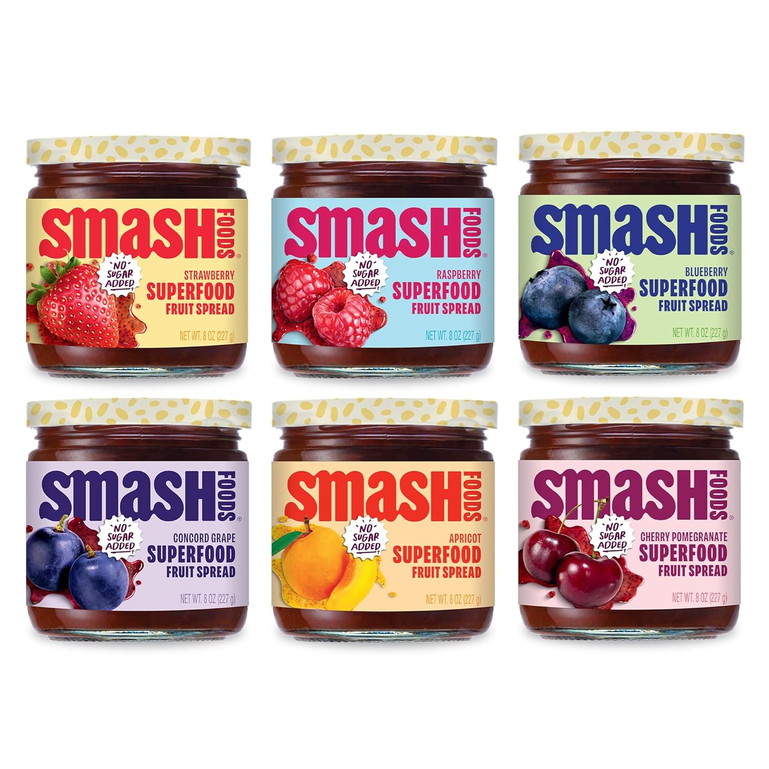 Smash Foods Jam Try Them All Variety Pack| Low-Calorie, No Sugar Added Keto Jam with Upcycled Fruit & Chia Seeds | Vegan, Paleo Superfood Spread (6 Jars)