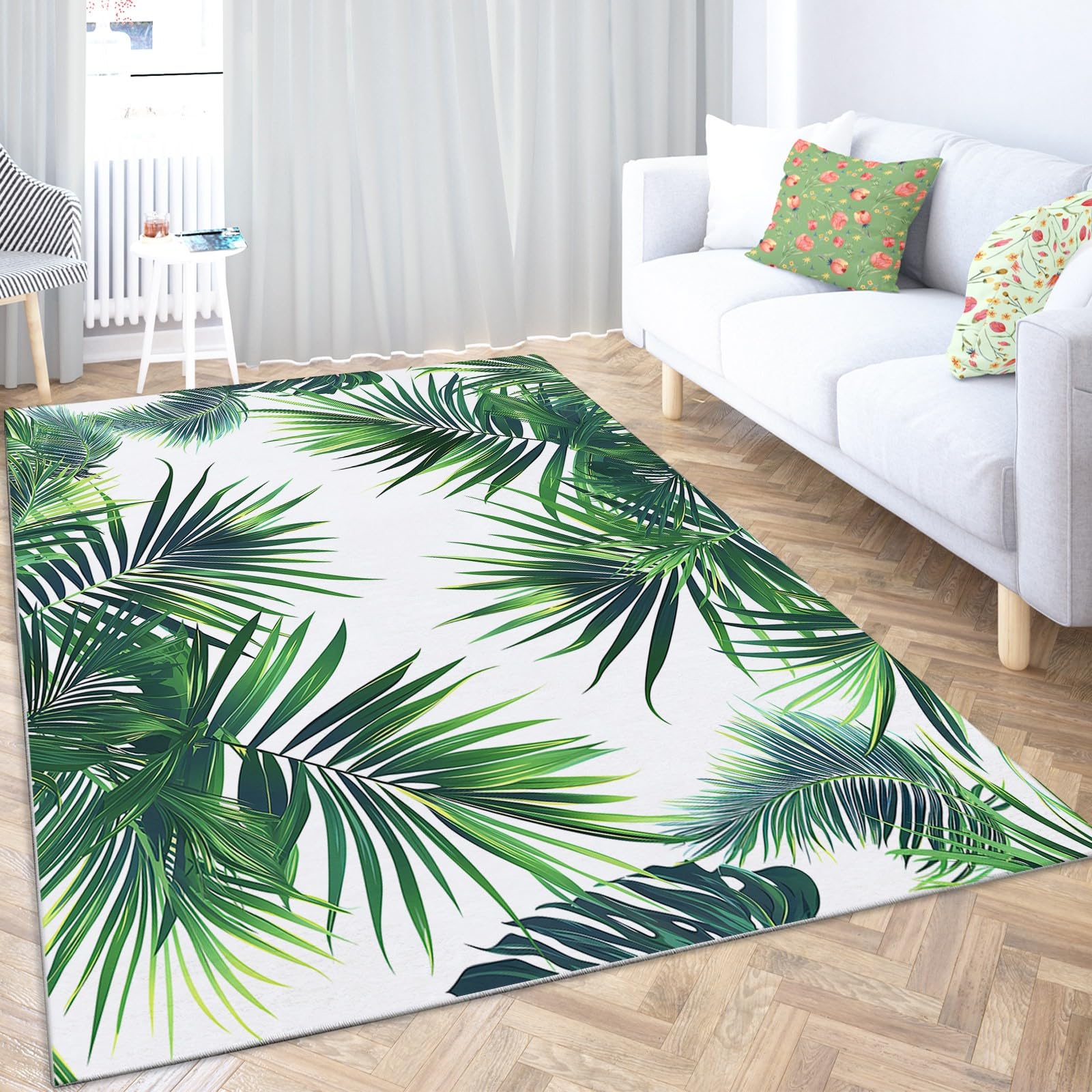 Tapis Salon Chambre Feuilles De Palmier Vertes 140x200cm Doux Antidérapant Tapis Intérieur, Lavable en Machine, pour Chambre Adulte Salle à Manger Cuisine Bureau