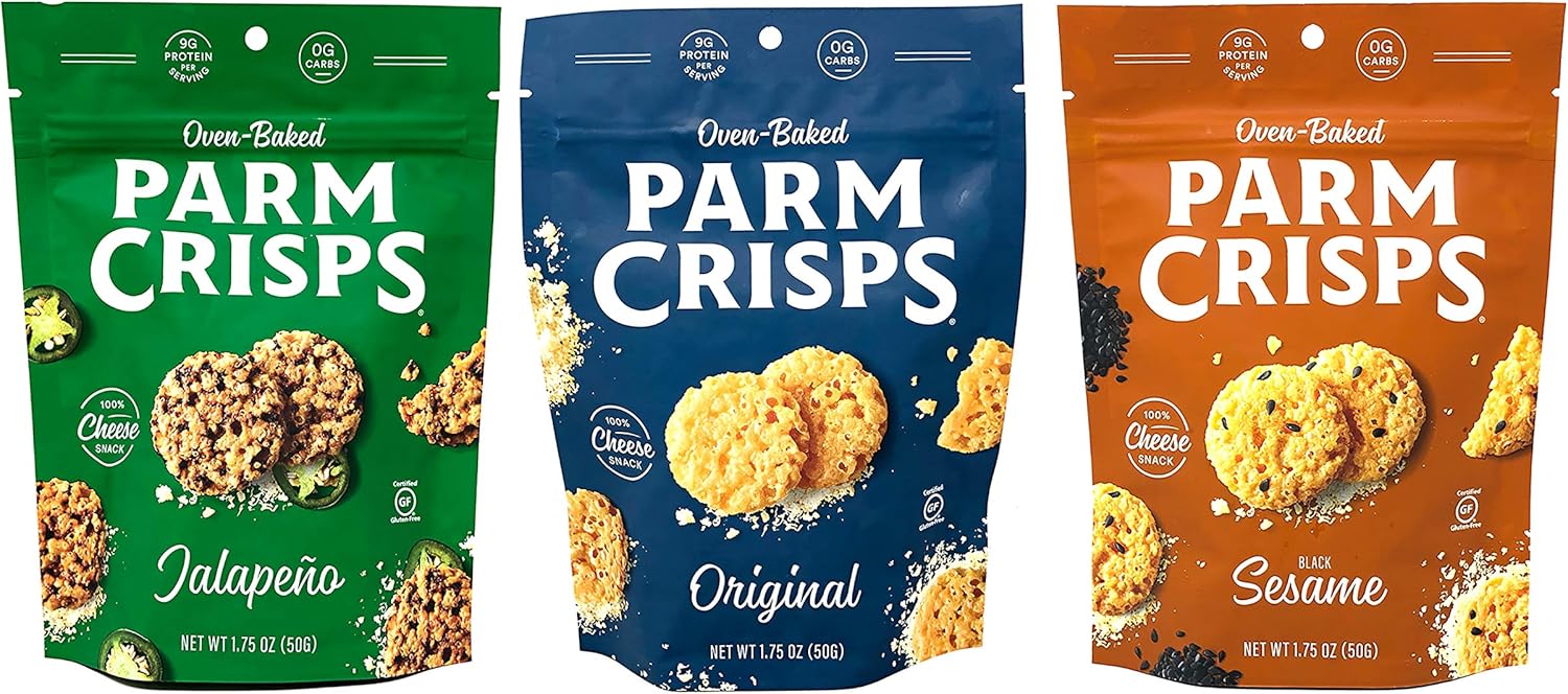 ParmCrisps Parmesan Cheese Crisp Assortment Original Parmesan, Jalapeno, and Black Sesame 100