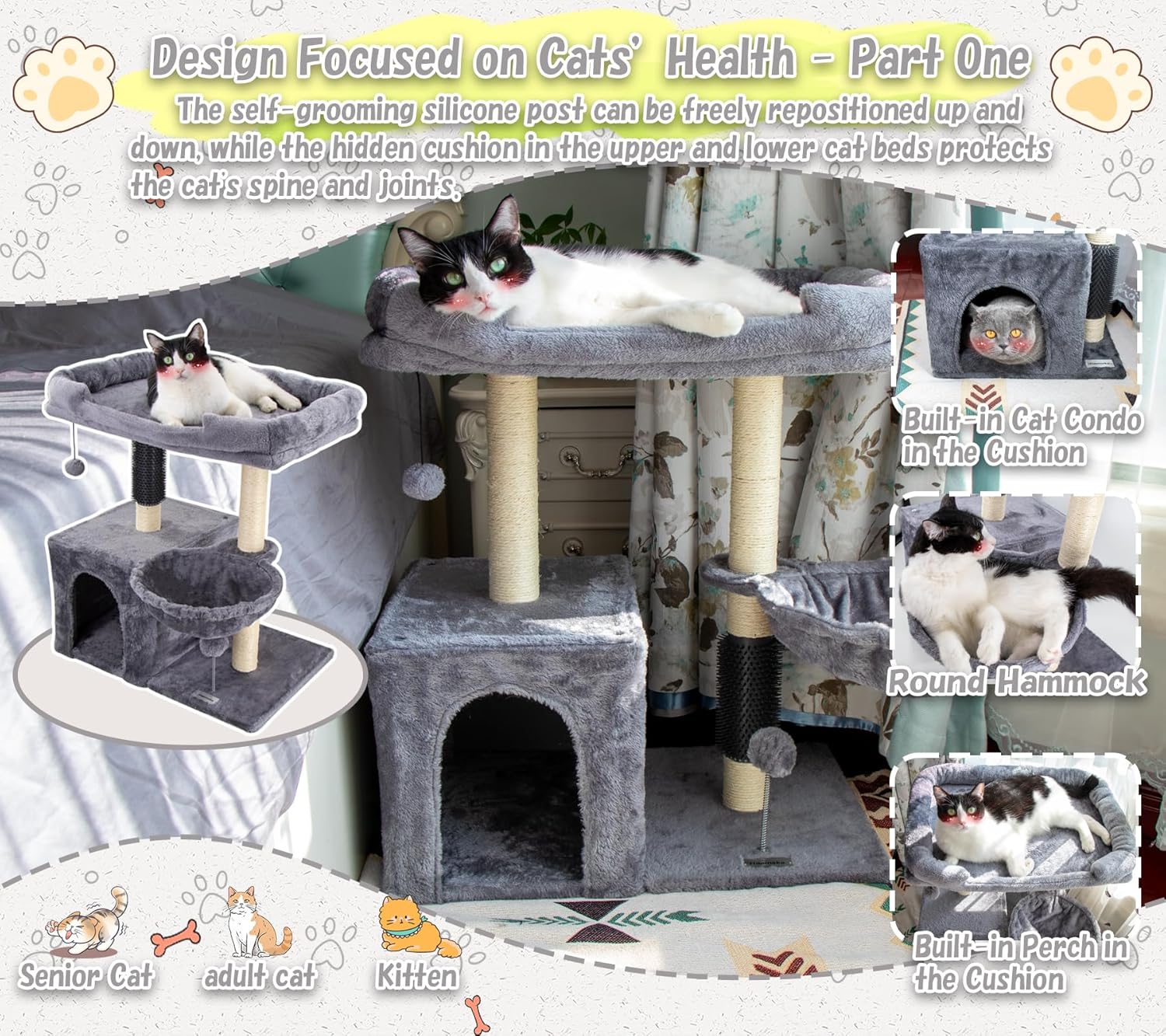 28.3" Small Cat Tree Tower,Cat Scratching Post for Indoor Cats,Featuring with Cat Cave & Cozy Perch,Cat Self Groomer and Interactive Dangling Ball Great for Kittens/Cats (Light Gray, Large)