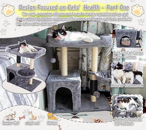 Miniatura 4 de Torre de árbol pequeño para gatos de 26.8 pulgadas, poste rascador para gatos de interior, con cueva para gatos y percha acogedora, auto aseo de