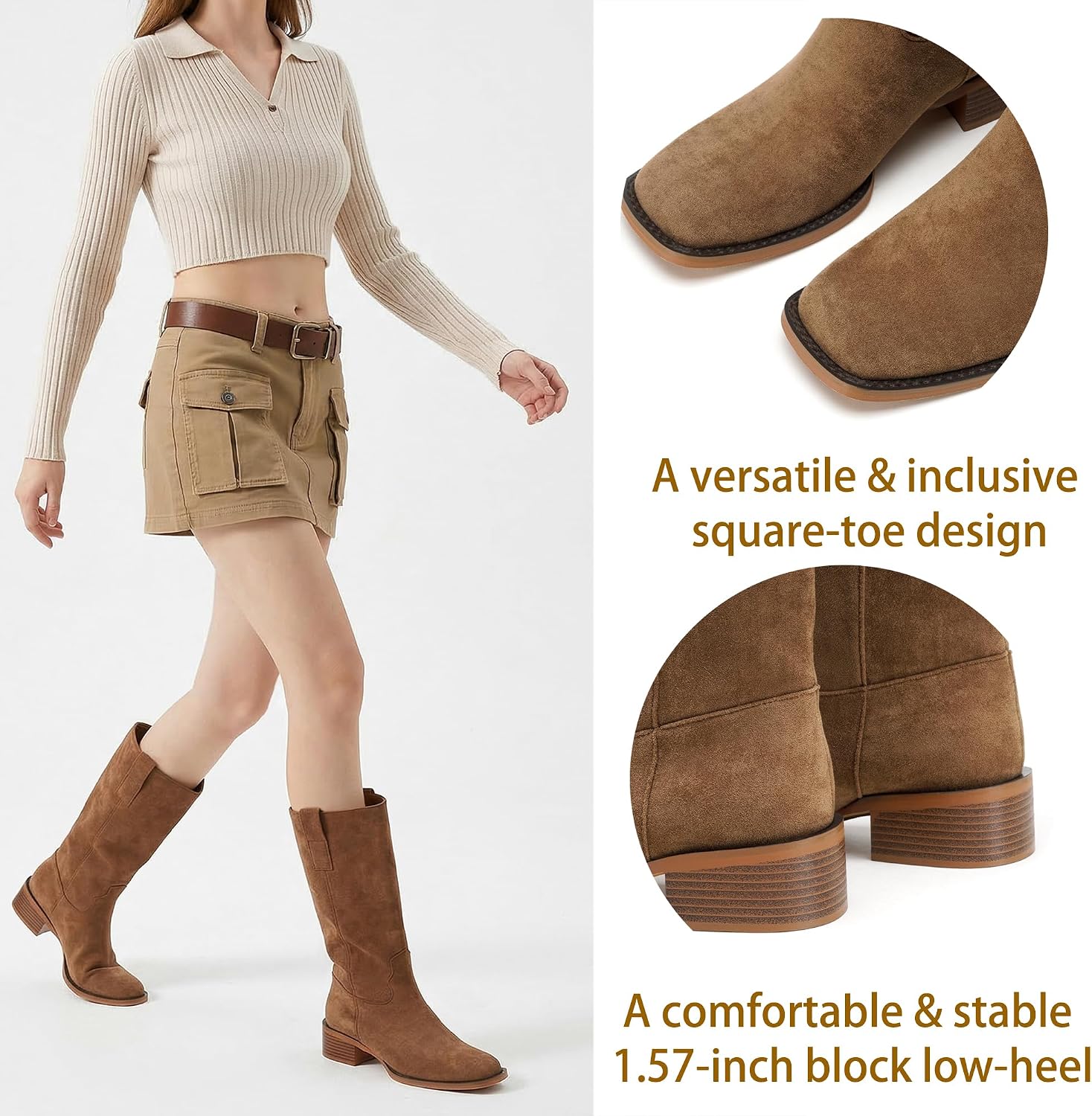 CouieCuies Women Mid Calf Boots Chunky Block Heels Riding Boots 1.57 inch Pull on Suede Boot Plain Calf High Western Boot Cowboy Square Toe Low Heel