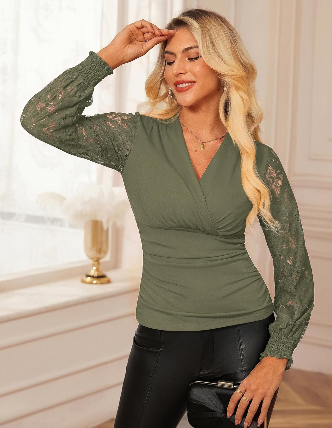 GRACE KARIN Womens Tops Dressy Casual, Elegant Lace Sleeve Shirts Wrap Ruched Blouses, 2026 Spring Fashion Outfits - Image 3