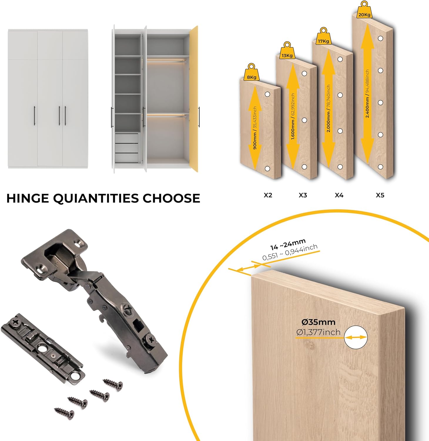 Emuca - Lot of 20 X91 Full Overlay Hinges with Soft Closing and Screw-on Staright Plates, Height 1, Steel, Titanium