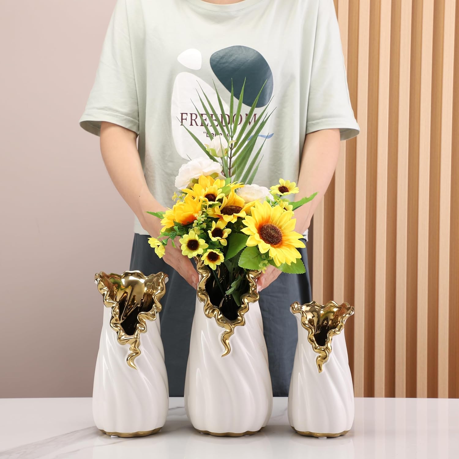 Modern White and Gold Vase Home Decor Hydroponic Table Center Ceramic Vase Pendulum Flared Edge Home Decor Living Room Bedroom Wedding Party Office (White Gold Small) - Image 5