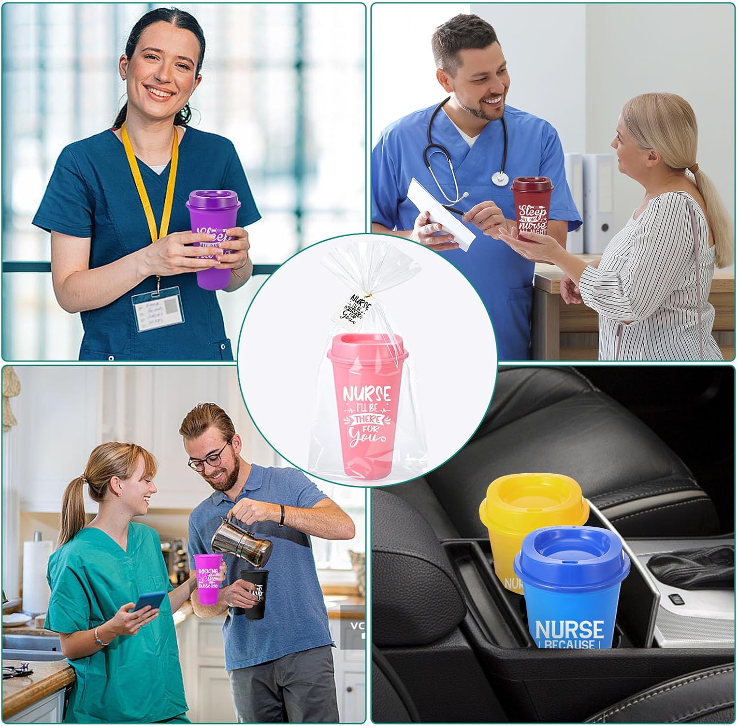 Jinei 30 Pack Nurse Appreciation Gifts 16 oz Plastic Tumblers Bulk Thank You Coffee Cups Reusable Water Bottle with Cards and Bags for Nurse Women Holiday Gifts(Modern,Vibrant)