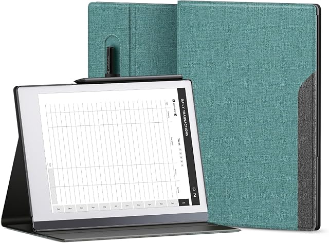 Ayotu Book Folio Case for Remarkable 2 Paper Tablet 10.3" 2020 Released, Premuin Fabric Smart Cover with Pen Pocket, Stable Folding Stand Design (Not for Remarkable 1),Gray & Green