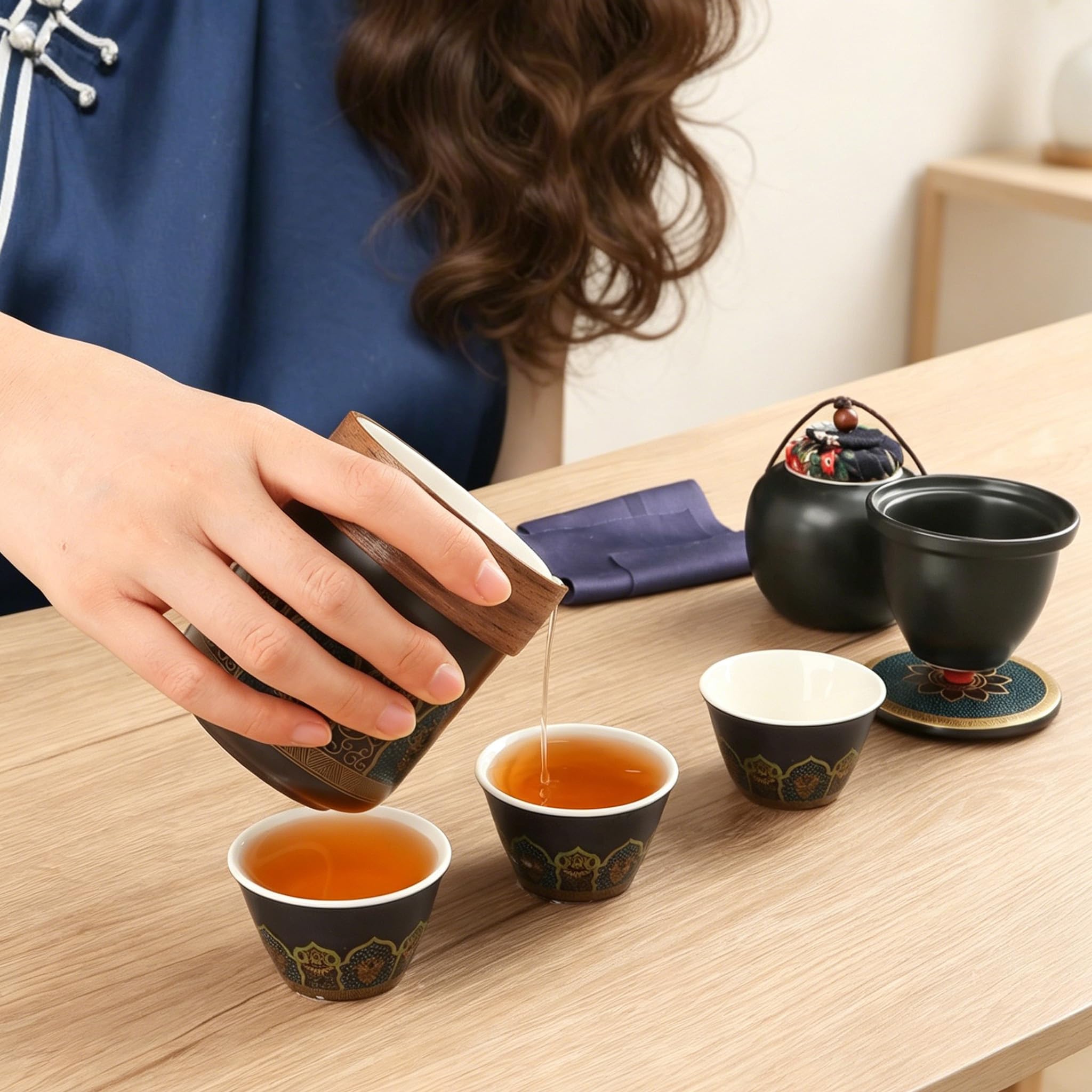 Japanisches Teeservice, 6 Stück Schönes Tea Set Porzellan Chinesische Teekanne Set, Gongfu Teeservice, Tragbares Schwarzes Keramik-Teekannenset 250ml, Traditionelles Teekanne Teeservice aus Porzellan